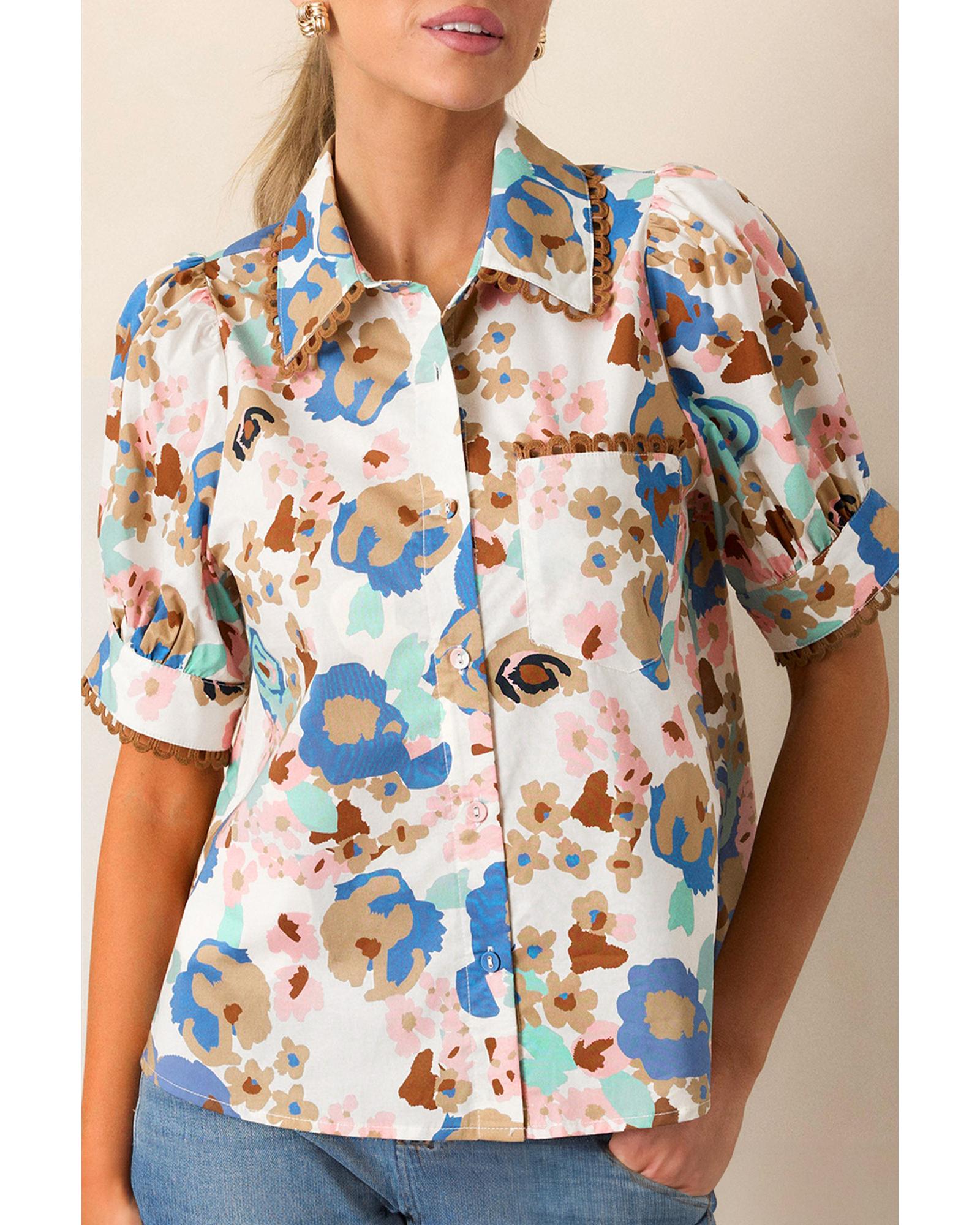 V539-AZEXDC2556034-P22-L-202508290015-00 Multicolour Floral Print Ricrac Trim Collared Puff Short Sleeve Shirt - L - Image 1