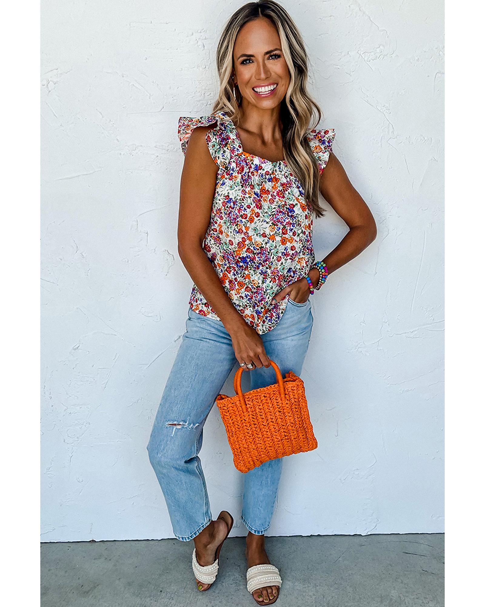 V539-AZEXDC25611301-P622-L-202506131512-00 Rose Red Floral Square Neck Flutter Tank Top - L - Image 1