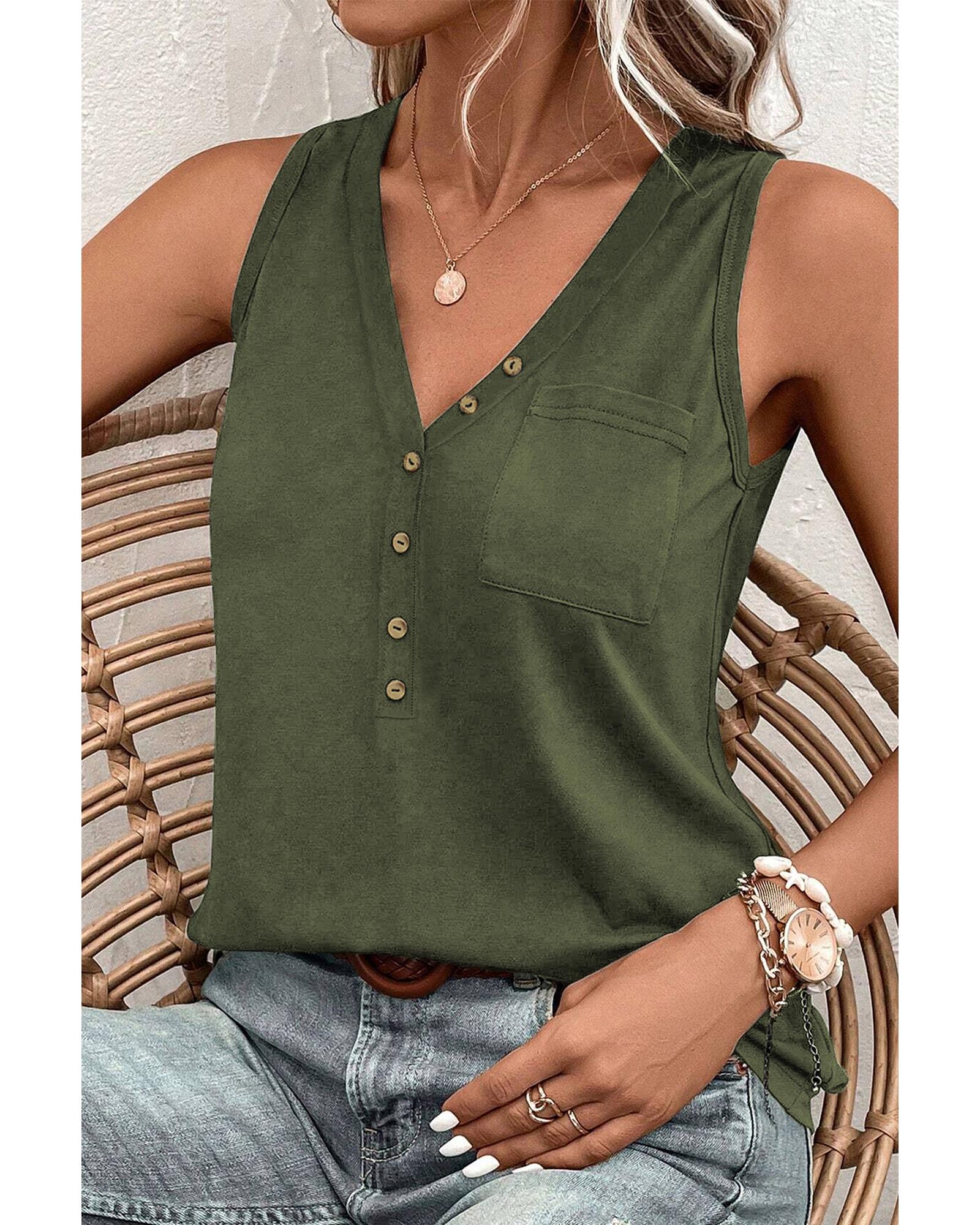 V539-AZEXDC25611484-P609-L-202508270745-00 Jungle Green Half Button V Neck Patched Pocket Tank Top - L - Image 1