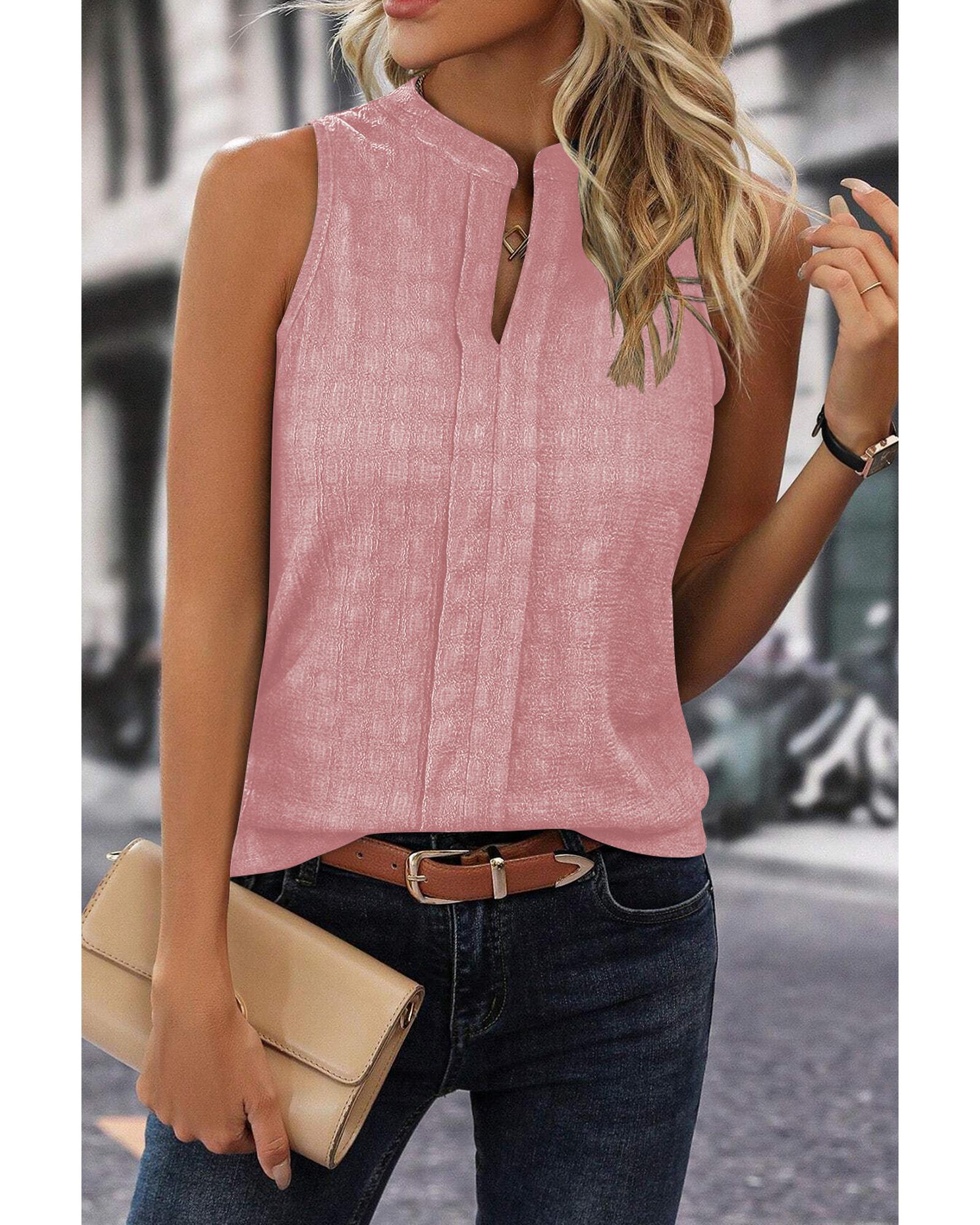 V539-AZEXDC25611705-P10-L-202508281850-00 Pink Lattice Textured Split Neck Tank Top - L - Image 1