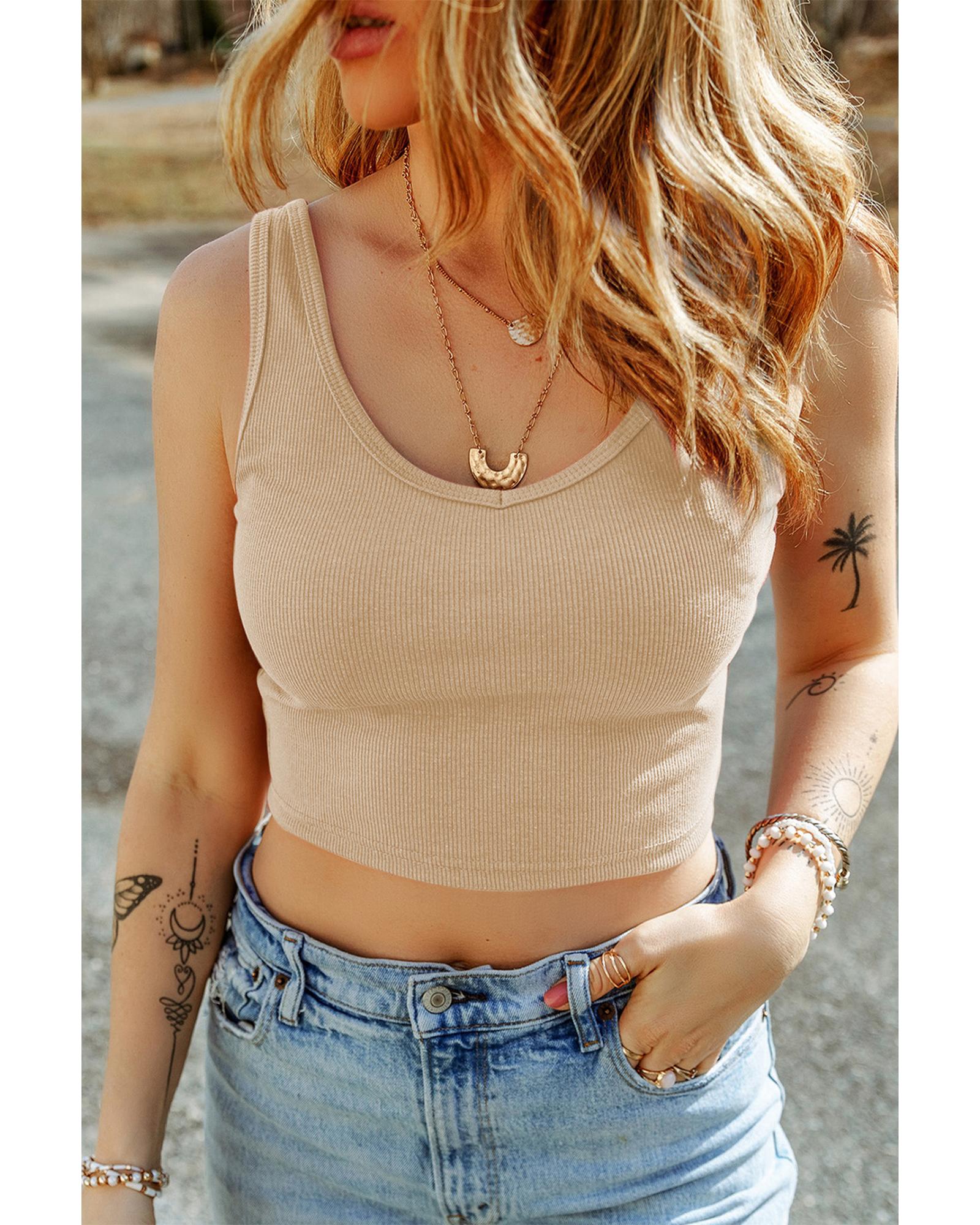 V539-AZEXDC25611742-P18-XL-202508280355-00 Apricot Ribbed Knit Sheath Sleeveless Crop Top - XL - Image 1