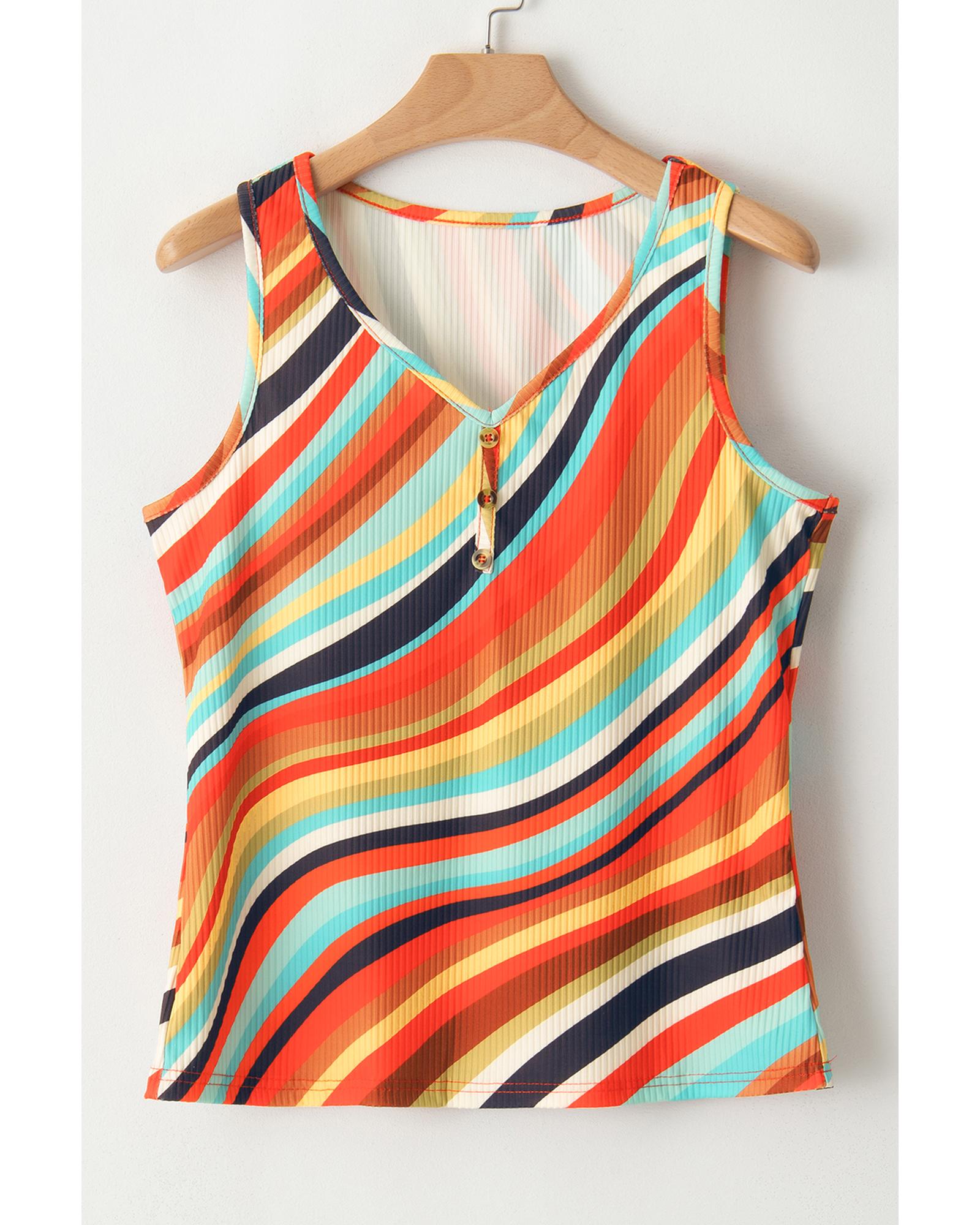 V539-AZEXDC25611785-P22-XL-202508292250-00 Multicolour Wavy Striped Buttoned V Neck Tank Top - XL - Image 1