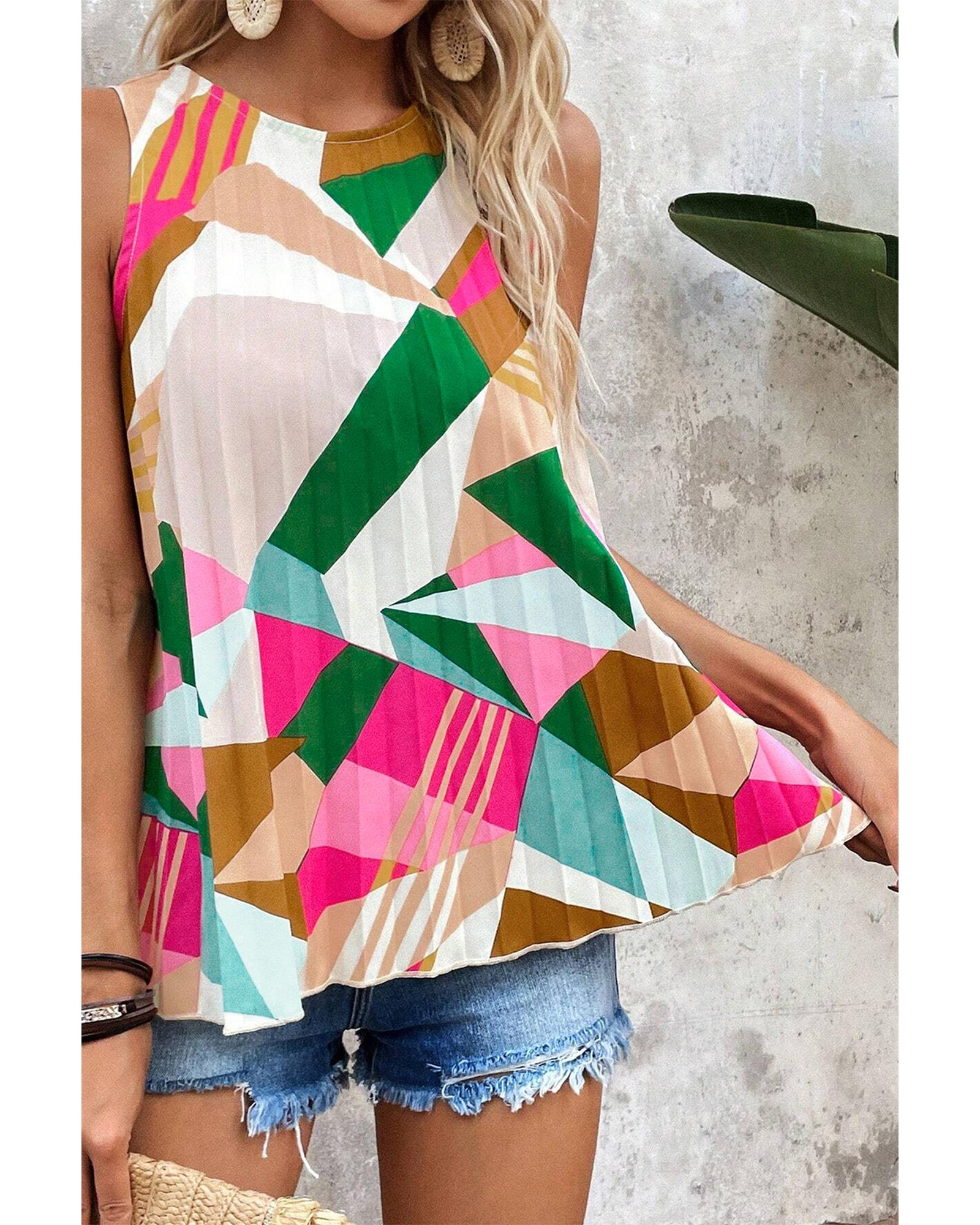 V539-AZEXDC25611811-P22-M-202508300145-00 Multicolour Geometric Printed Pleated Shift Tank Top - M - Image 1