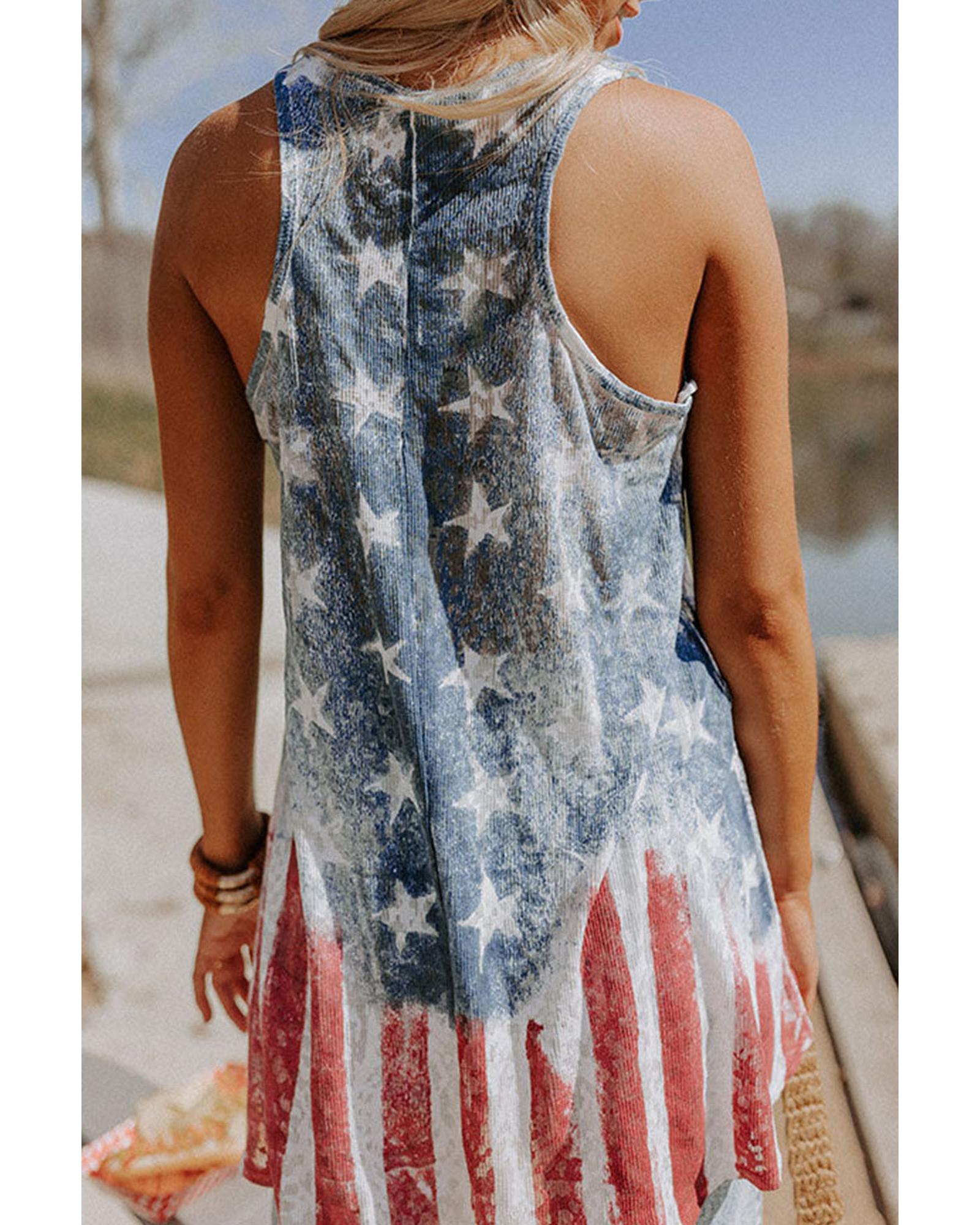 V539-AZEXDC25612066-P520-M-202508280335-00 Blue Vintage Washed Flag Print Shift Tank Top - M - Image 1