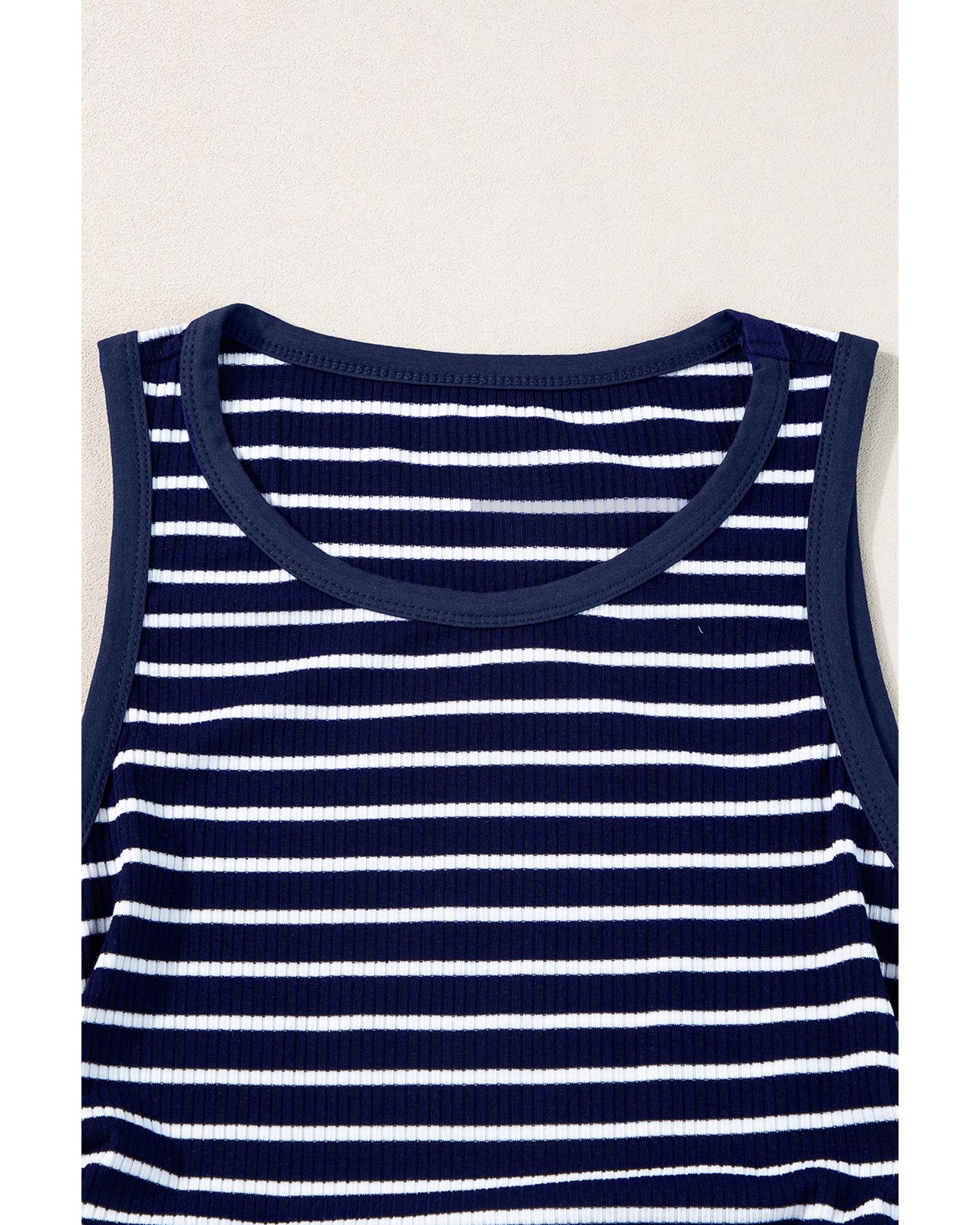 V539-AZEXDC25612104-P519-XL-202508280555-00 Blue Stripe Contrast Round Neck Sleeveless Slim Top - XL - Image 1