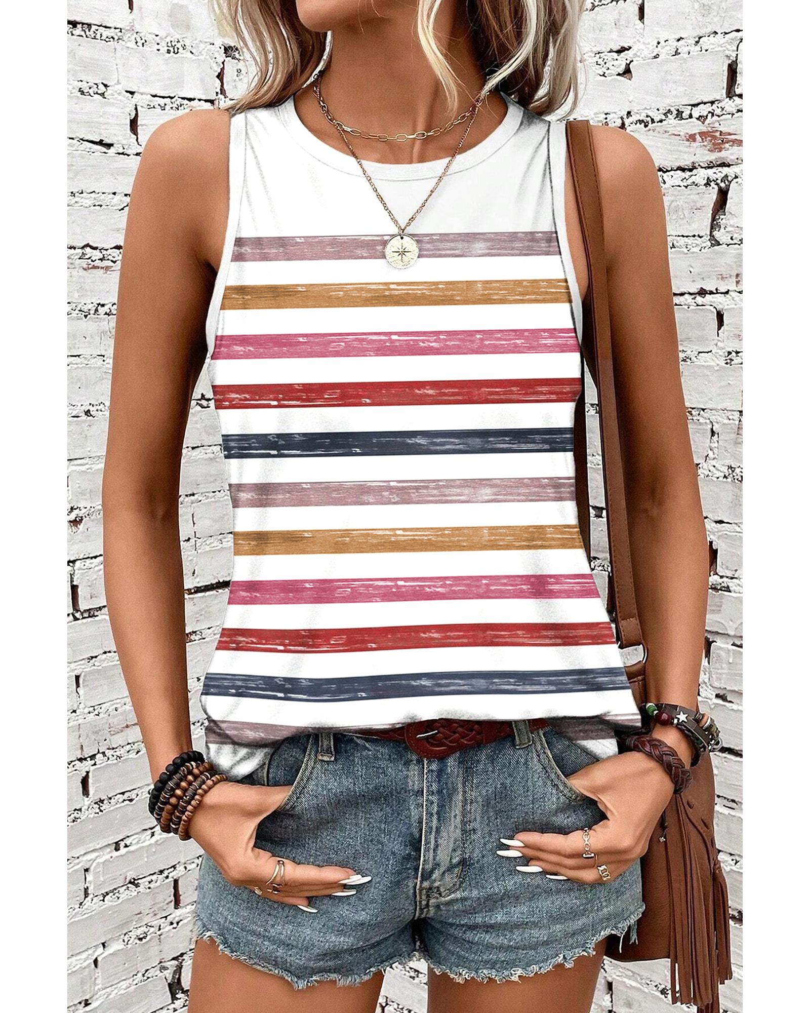 V539-AZEXDC25612478-P319-M-202508282335-00 Red Stripe Rainbow Round Neck Tank Top - M - Image 1