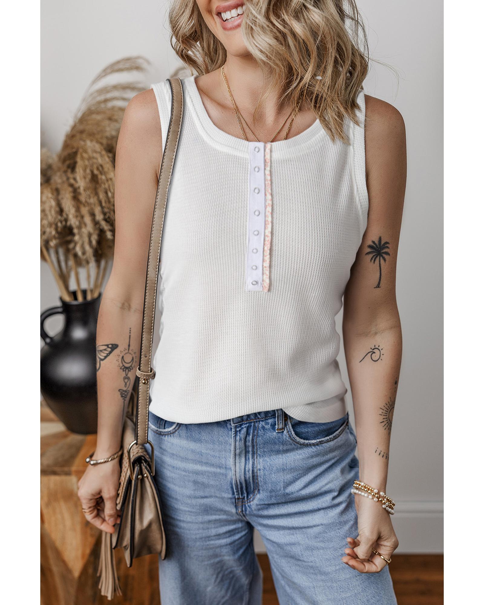 V539-AZEXDC25612485-P1-XL-202508280905-00 White Solid Color Waffle Knit Half Buttons Tank Top - XL - Image 1