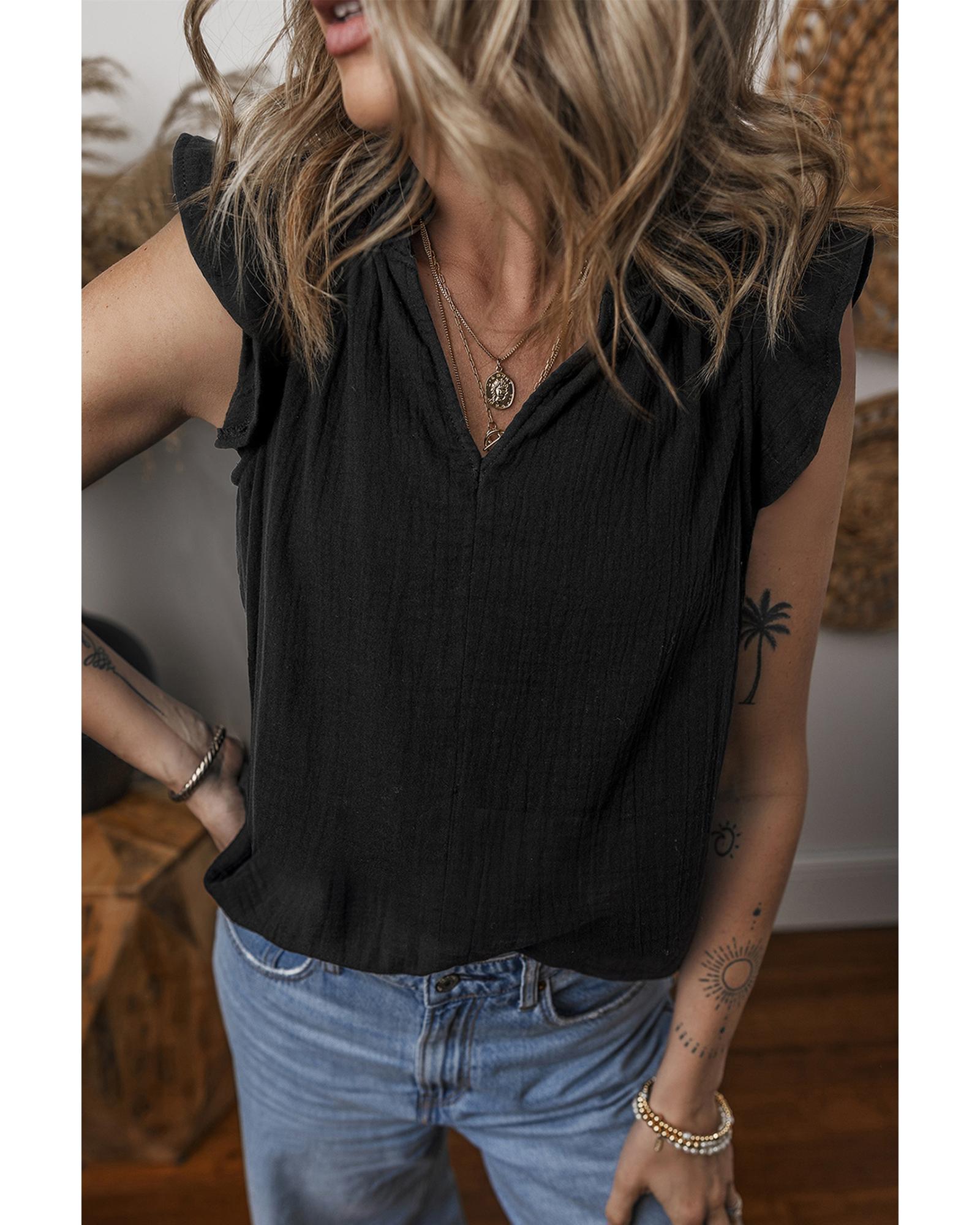 V539-AZEXDC25612486-P2-L-202508281215-00 Black Ruffled Shoulder V Neck Shift Tank Top - L - Image 1