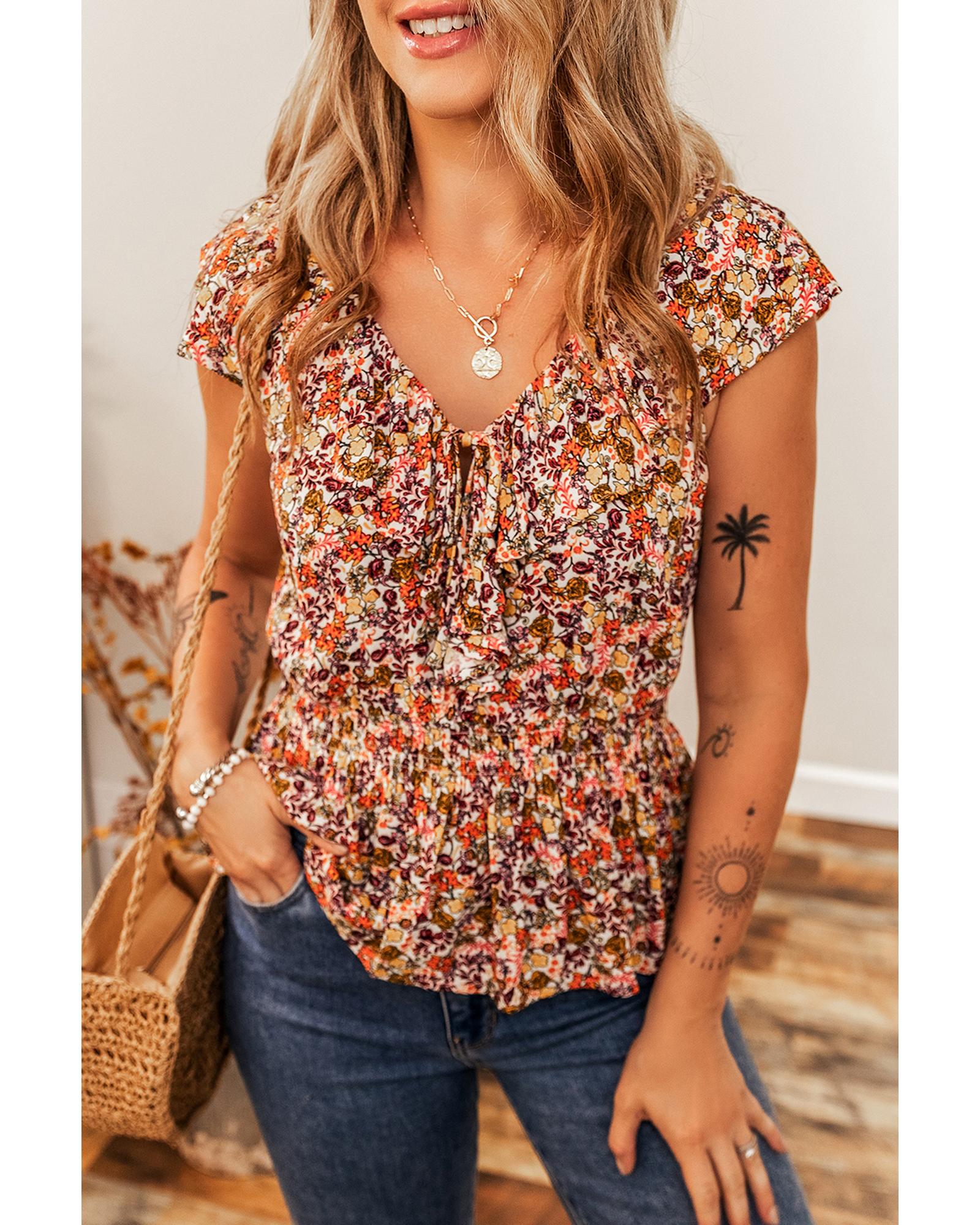 V539-AZEXDC25612506-P10320-XL-202508291340-00 Red Floral Print Knot V Neck Ruffled Sleeve Blouse - XL - Image 1