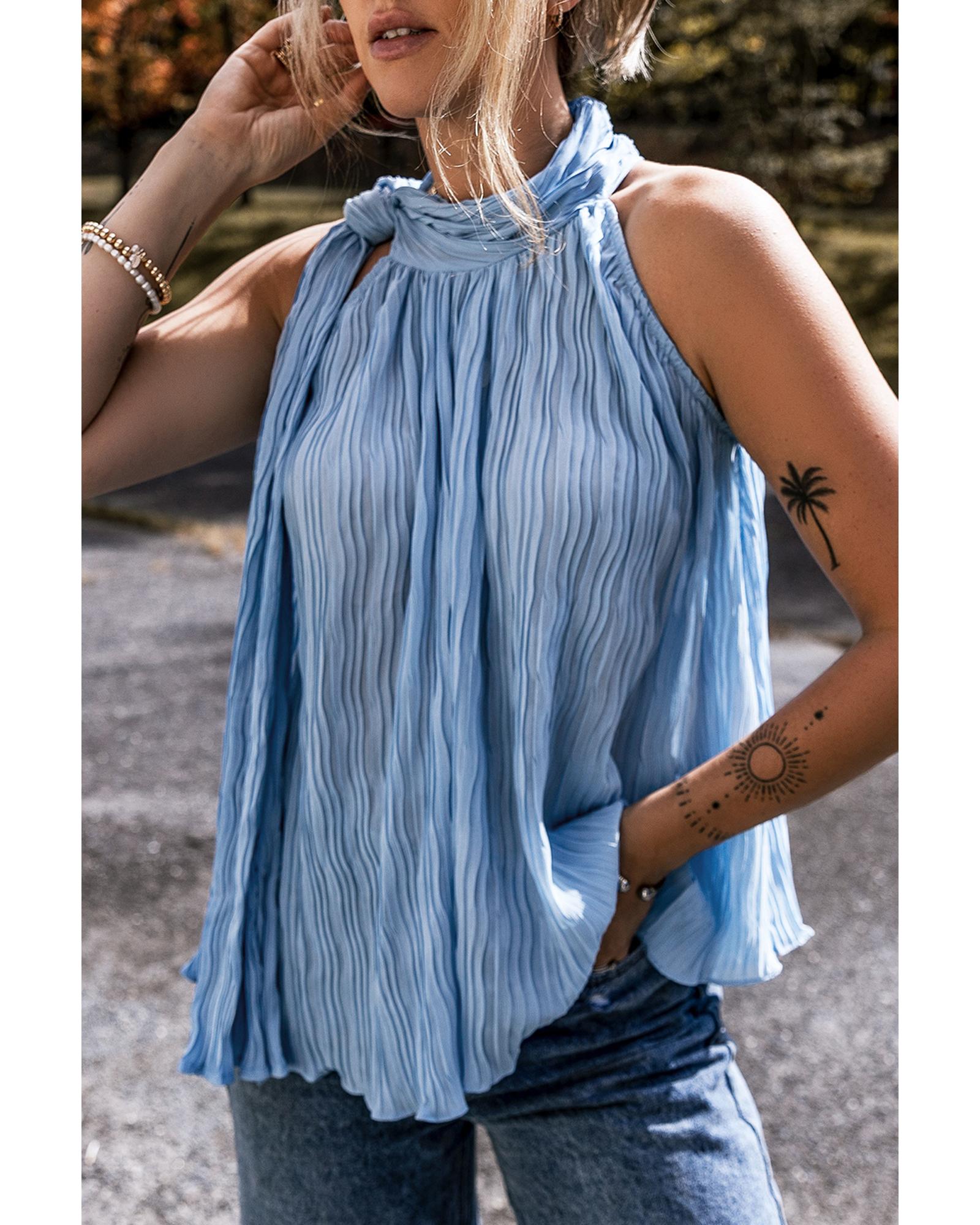 V539-AZEXDC25612509-P1204-M-202508292010-00 Myosotis Textured Pleated Tied Mock Neck Flowy Tank Top - M - Image 1