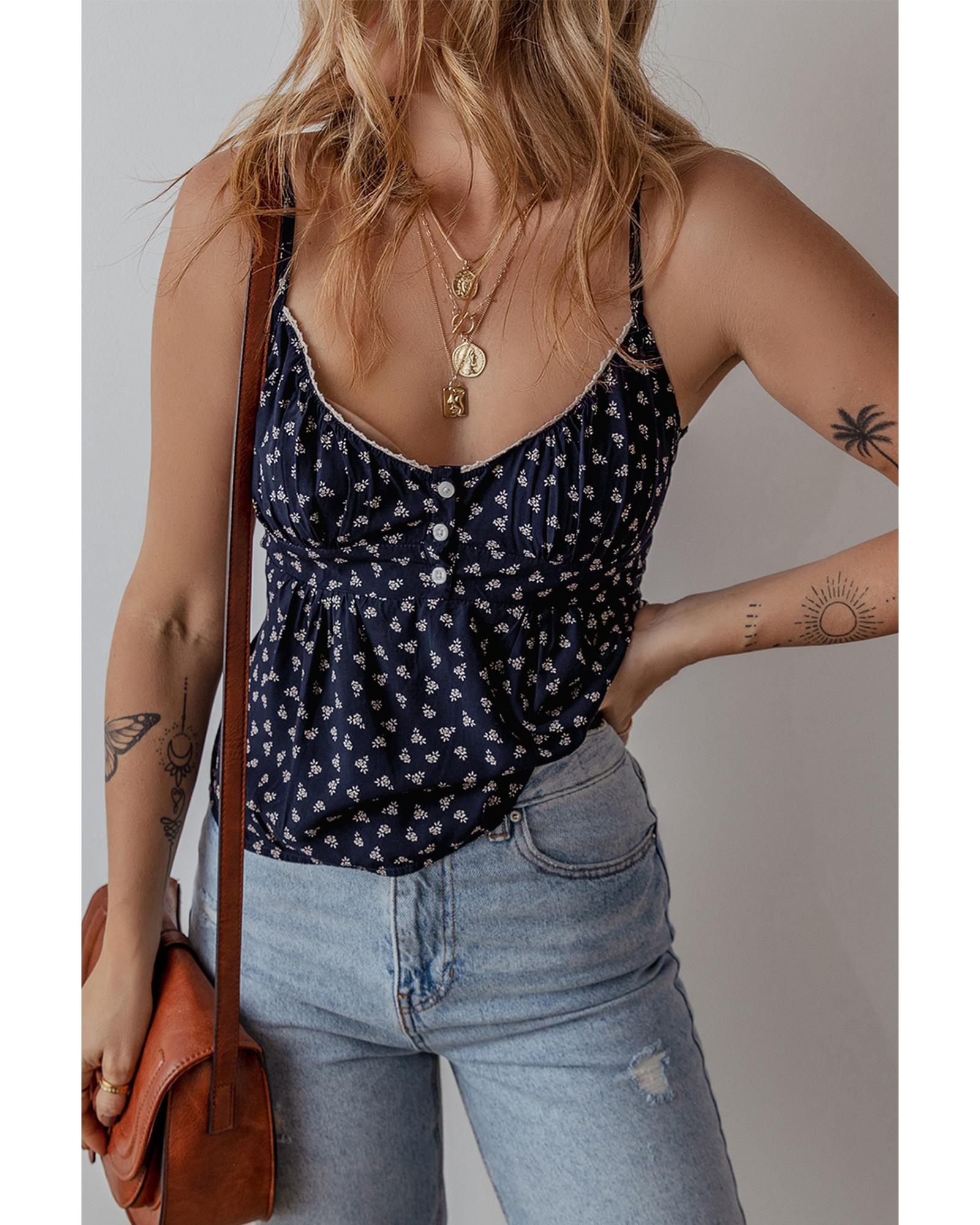 V539-AZEXDC25612513-P520-L-202508300405-00 Blue Floral Print Spaghetti Strap Buttoned V Neck Tank Top - L - Image 1