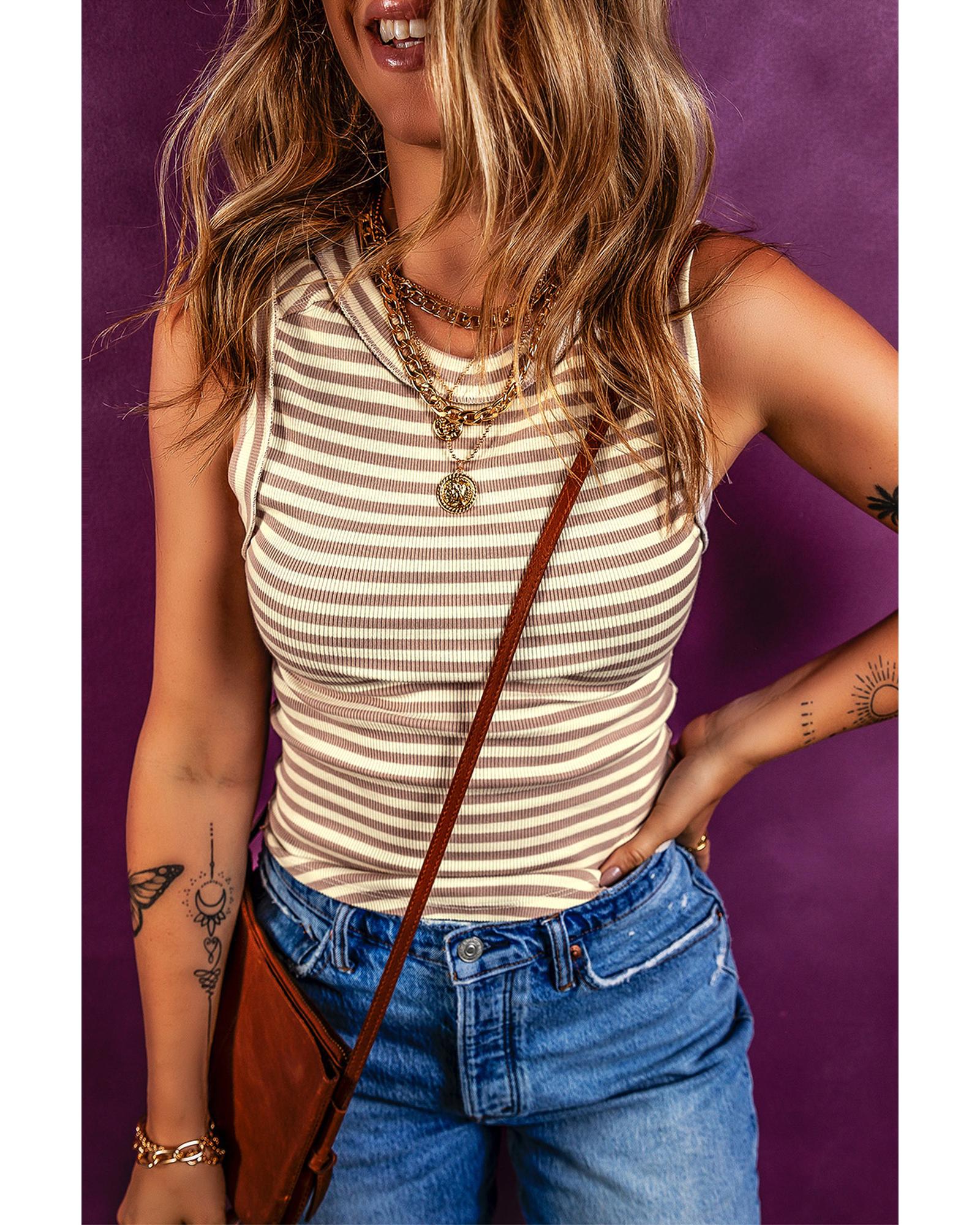 V539-AZEXDC25612714-P1619-S-202506131611-00 Khaki Stripe Exposed Seam Trim Round Neck Sleeveless Top - S - Image 1