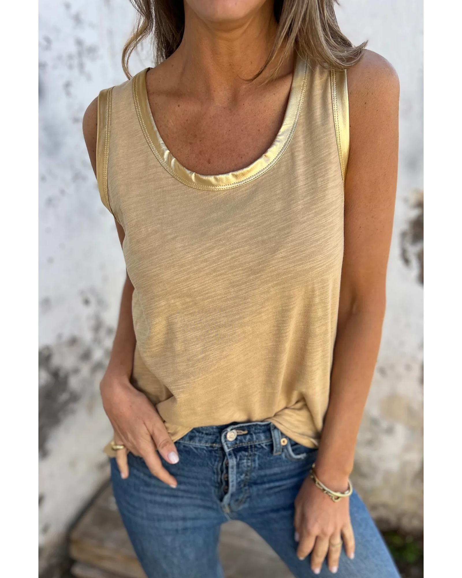 V539-AZEXDC25612870-P3016-M-202508280405-00 Tan Metallic Sheen Edge Scoop Neck Tank Top - M - Image 1