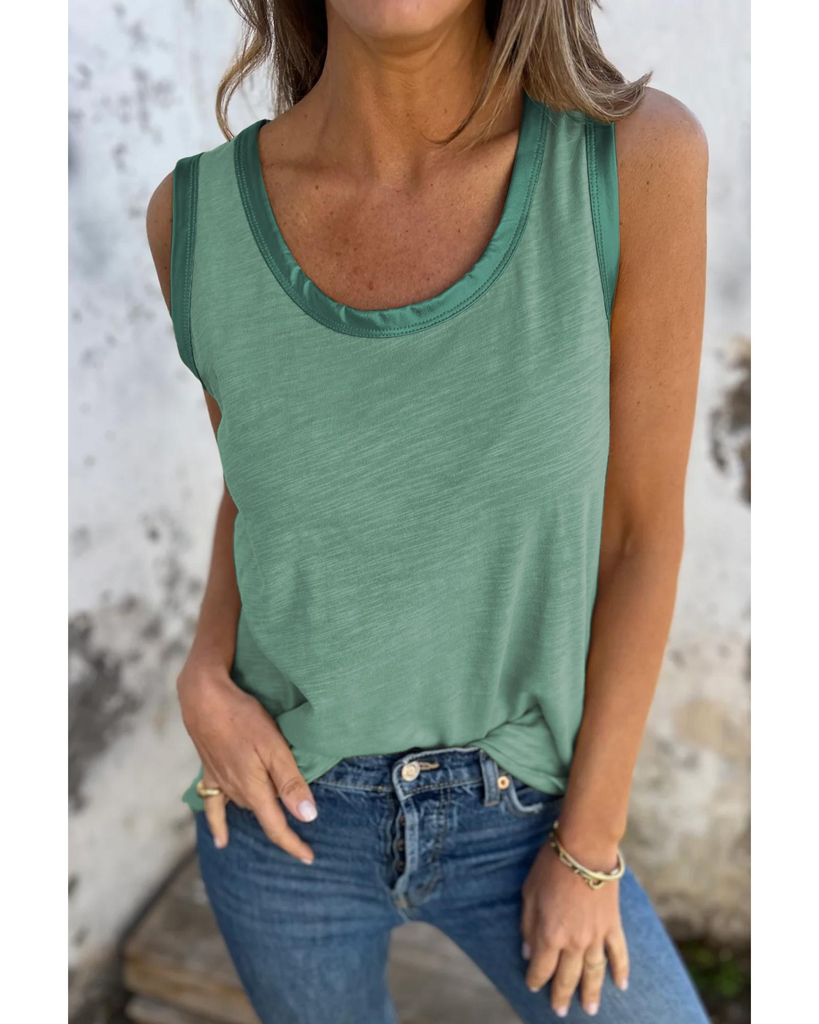 V539-AZEXDC25612870-P509-M-202508291400-00 Mist Green Metallic Sheen Edge Scoop Neck Tank Top - M - Image 1