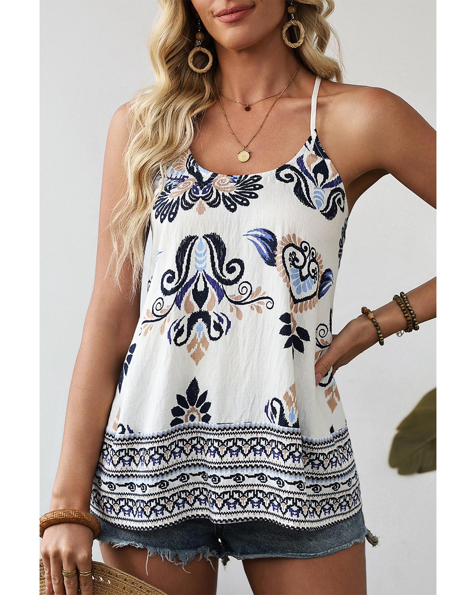 V539-AZEXDC25612948-P520-L-202508280725-00 Blue Bohemian Fashion Print Spaghetti Straps Loose Tank - L - Image 1