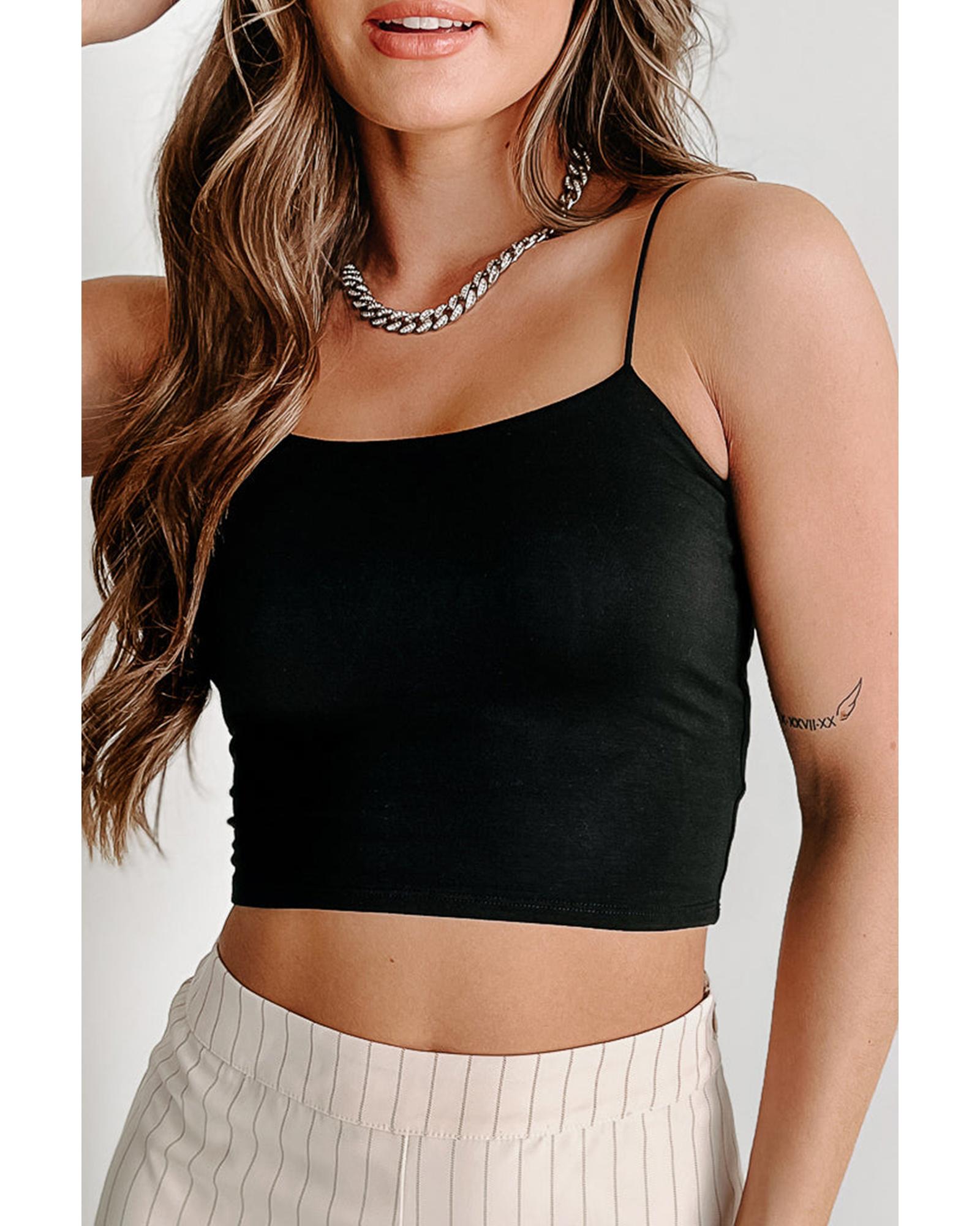 V539-AZEXDC25613048-P2-M-202508282225-00 Black Spaghetti Strap Skinny Fit Cropped Tank Top - M - Image 1