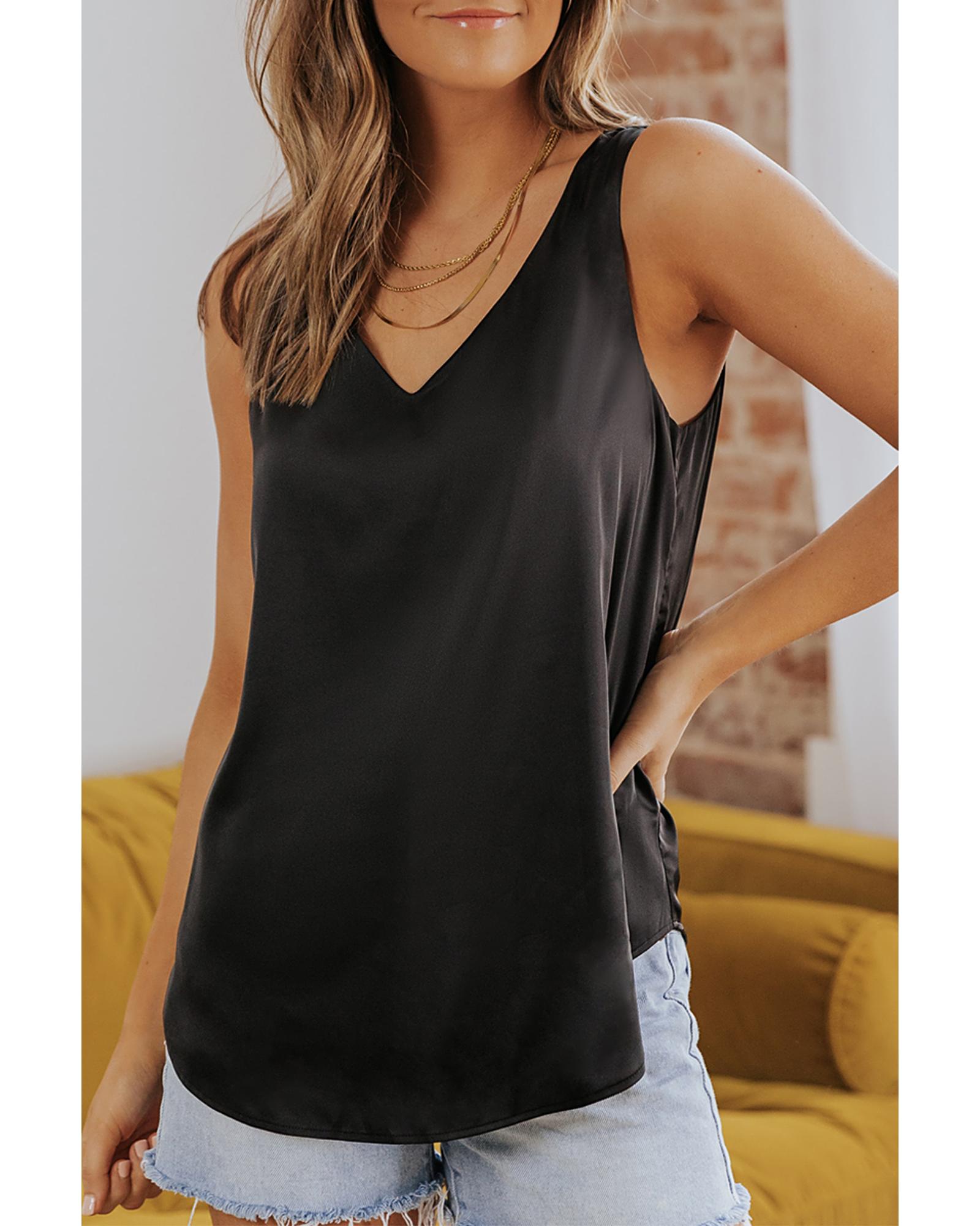 V539-AZEXDC2567769-2-S-202506131345-00 Black Deep V Neck Loose Tank Top - S - Image 1