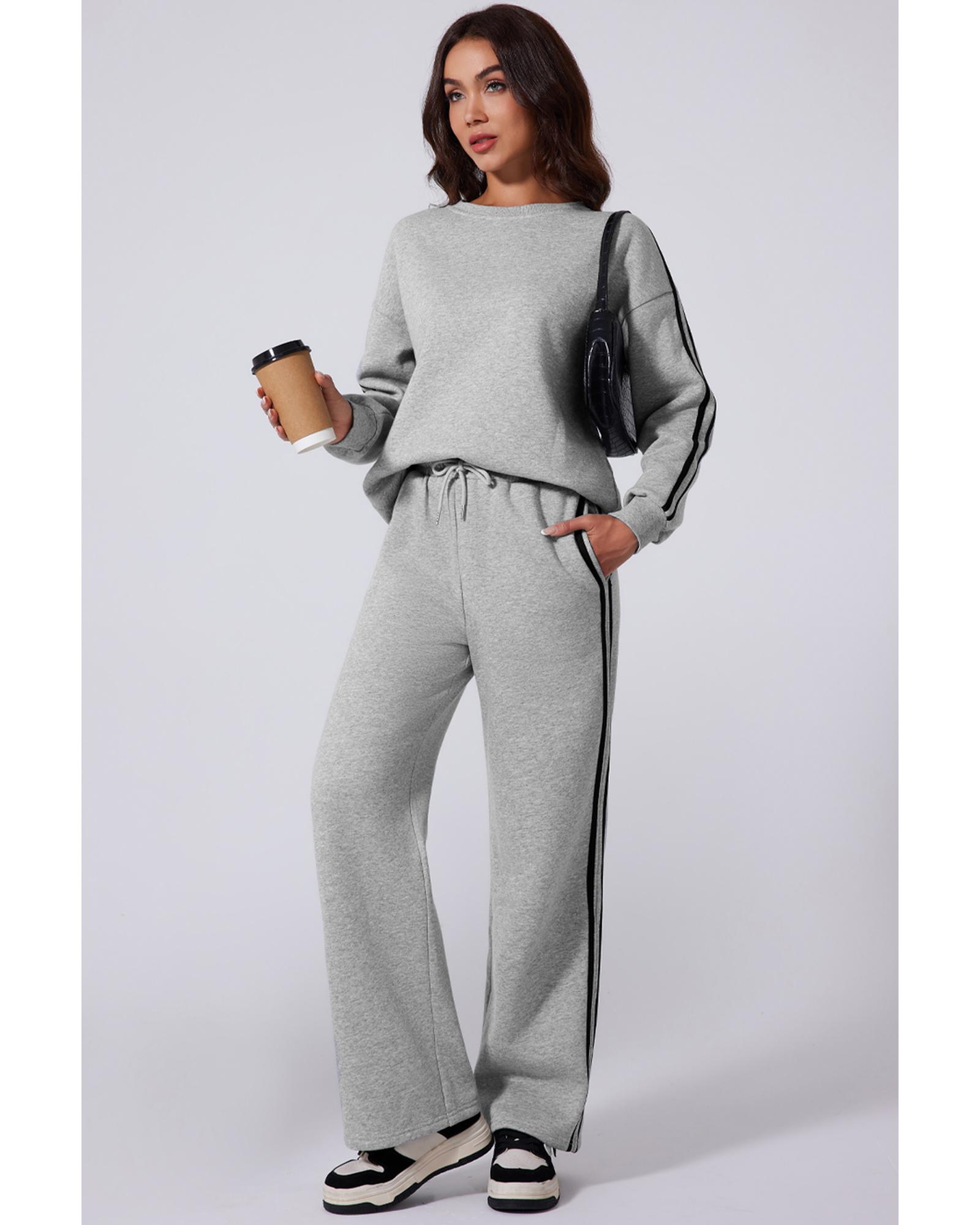 V539-AZEXDC2611665-P1011-S-202506131525-00 Light Grey Solid Color Side Striped Sweatshirt Active Set - S - Image 1