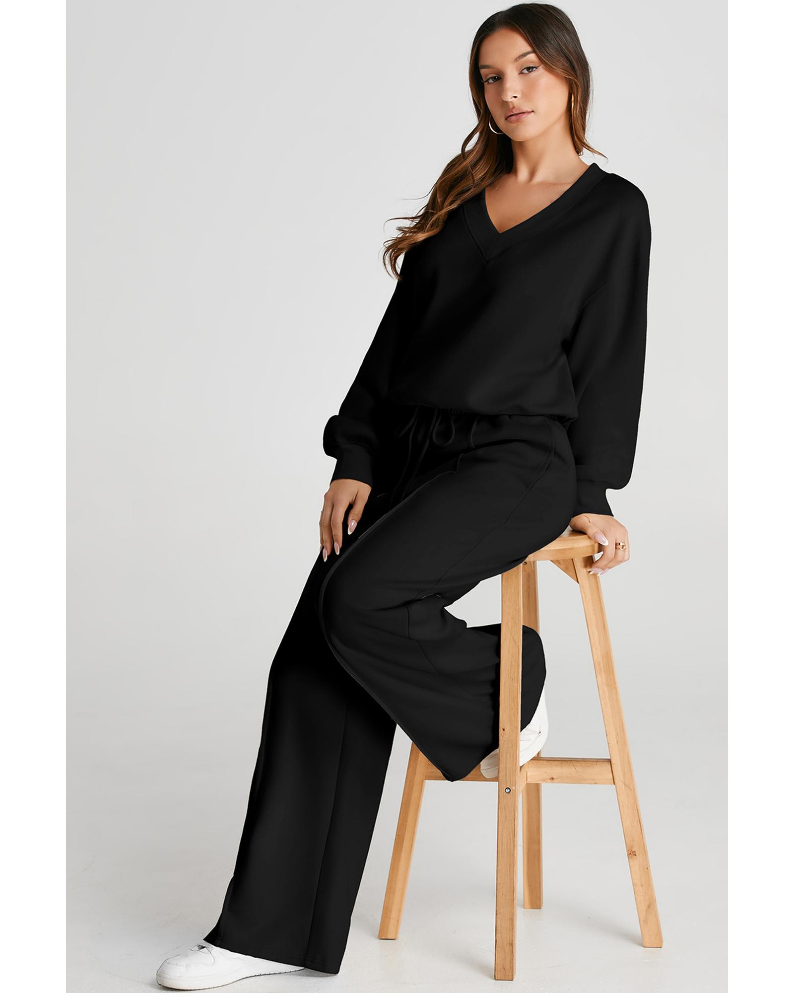 V539-AZEXDC2611683-P2-XL-202508271215-00 Black V Neck Cropped Seamed High Waist Sports Wear - XL - Image 1