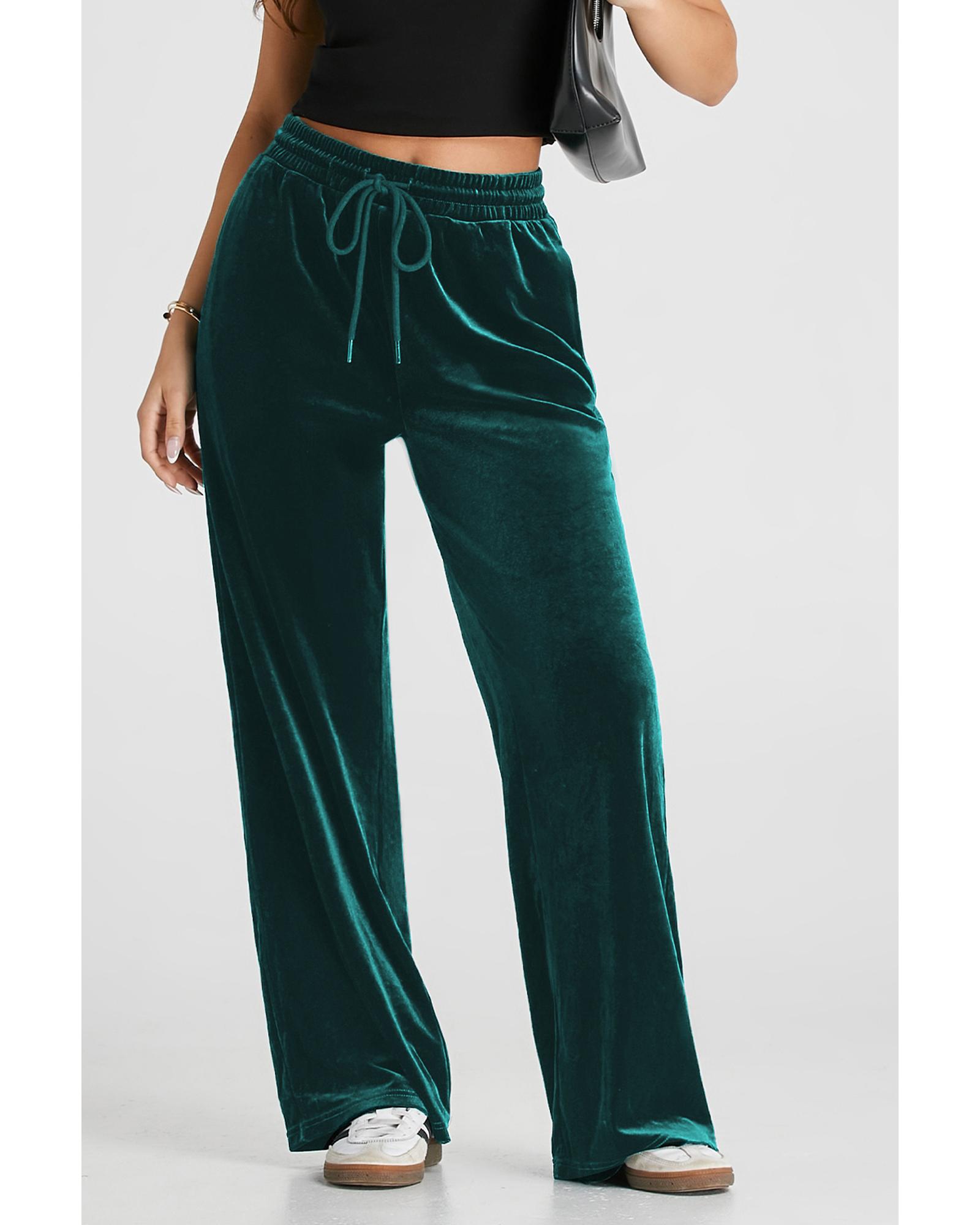 V539-AZEXDC265582-P2509-S-202506131625-00 Evergreen Solid Drawstring Waist Wide Leg Pants - S - Image 1