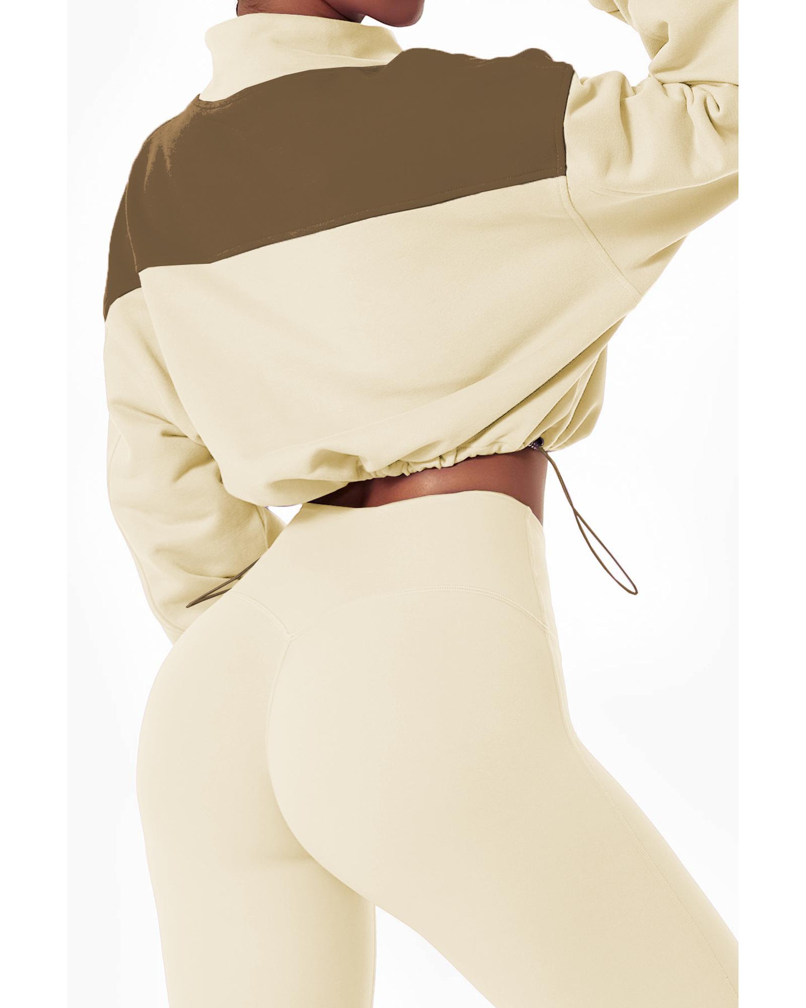 V539-AZEXDC266009-15-M-202508281945-00 Beige Color Block Drawstring Cropped Athleisure Jacket - M - Image 1
