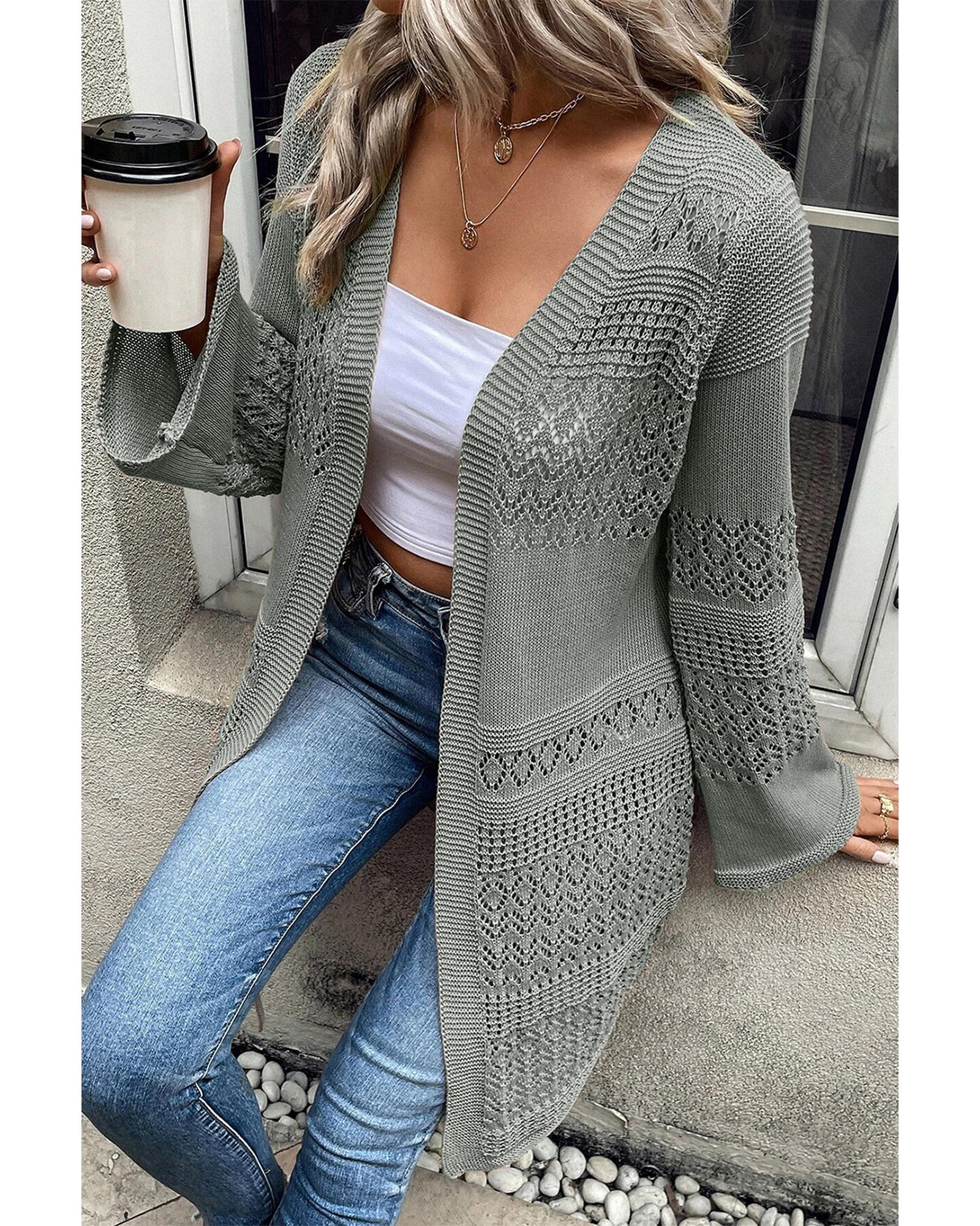 V539-AZEXDC2711018-P11-L-202508291420-00 Gray Pointelle Knit Open Front Cardigan - L - Image 1