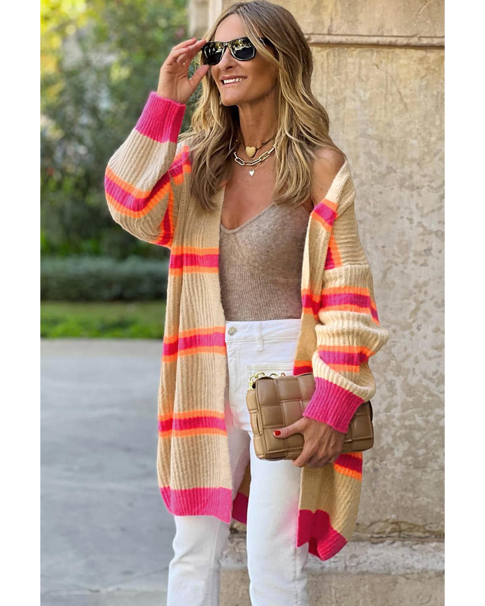 V539-AZEXDC2711054-19-XL-202508280800-00 Stripe Printed Ribbed Long Knitted Cardigan - XL - Image 1