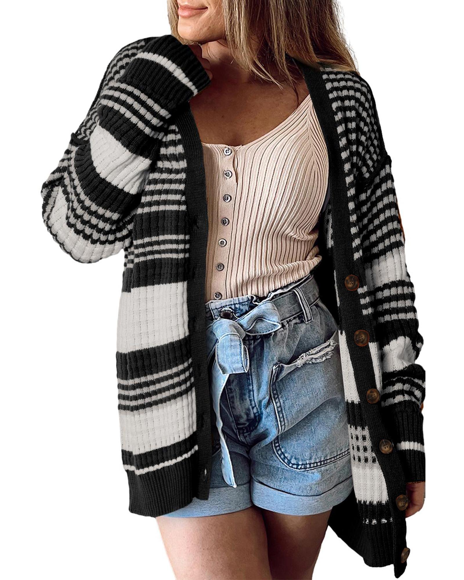 V539-AZEXDC2711151-P2-S-202508281705-00 Black Colorblock Textured Knit Buttoned Cardigan - S - Image 1