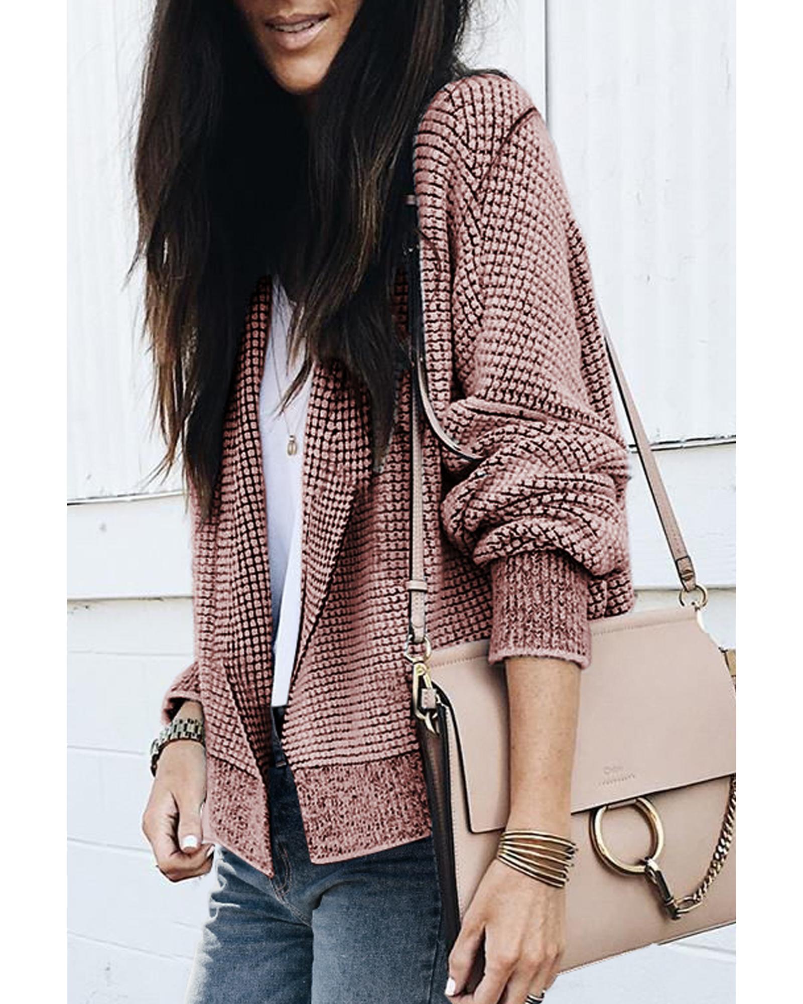 V539-AZEXDC2711249-P4010-XL-202506131835-00 Peach Blossom Plaid Contrast Trim Open Front Cardigan - XL - Image 1