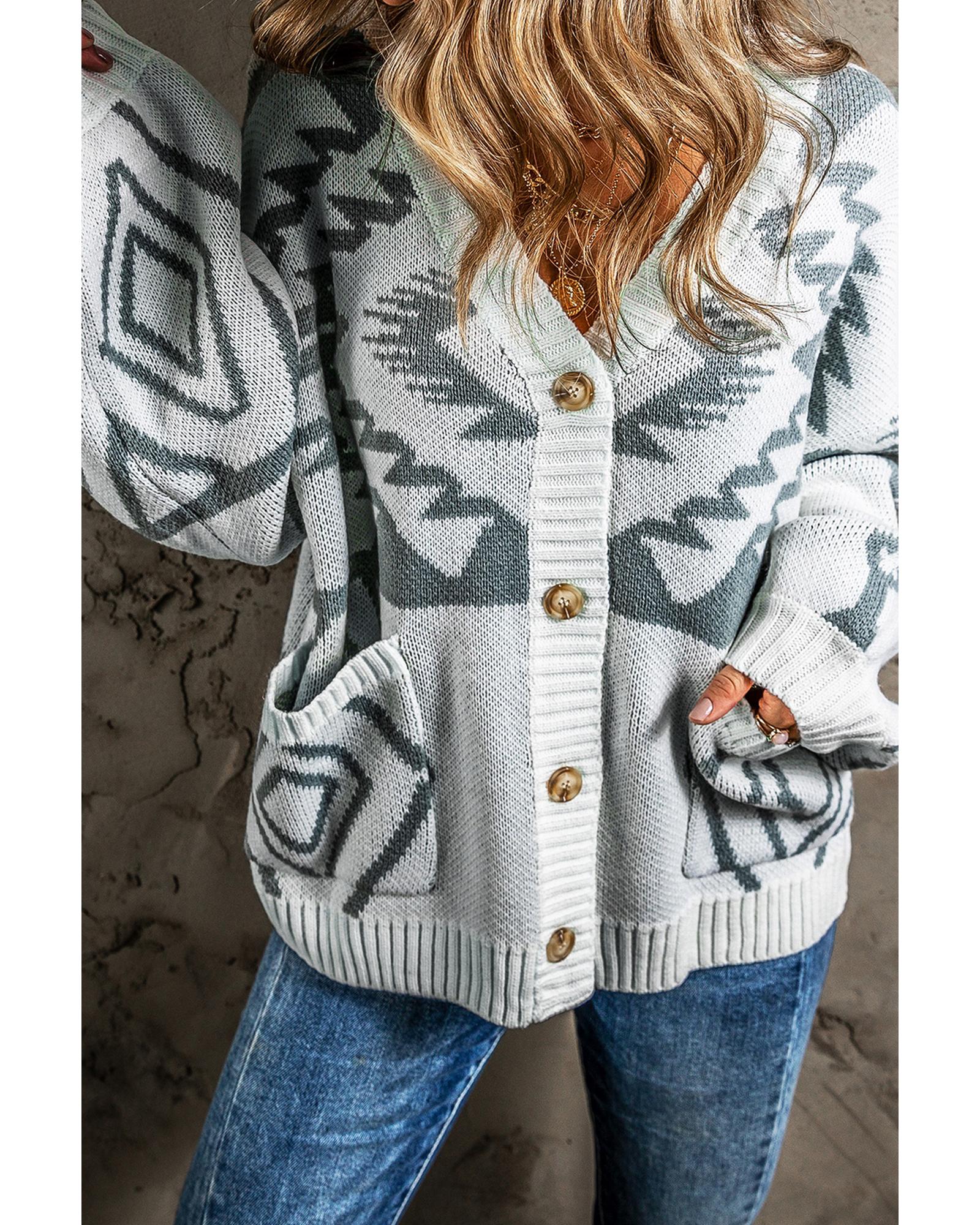V539-AZEXDC2711305-P1011-S-202506131840-00 Light Grey Geometric Pattern Ribbed Trim Button-Up Cardigan - S - Image 1