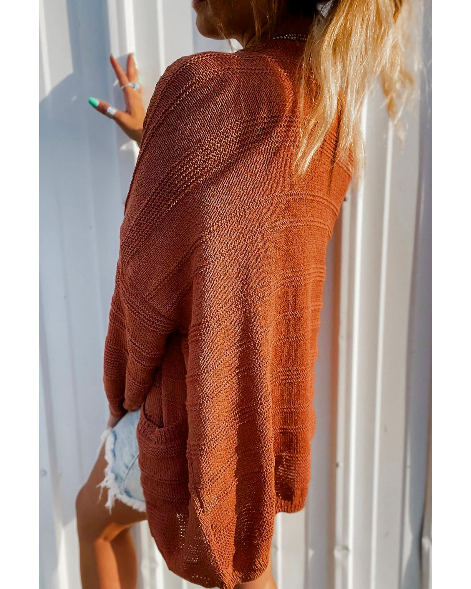 V539-AZEXDC2711307-P103-M-202508281505-00 Tomato Red Open Front Textured Knit Cardigan with Pockets - M - Image 1