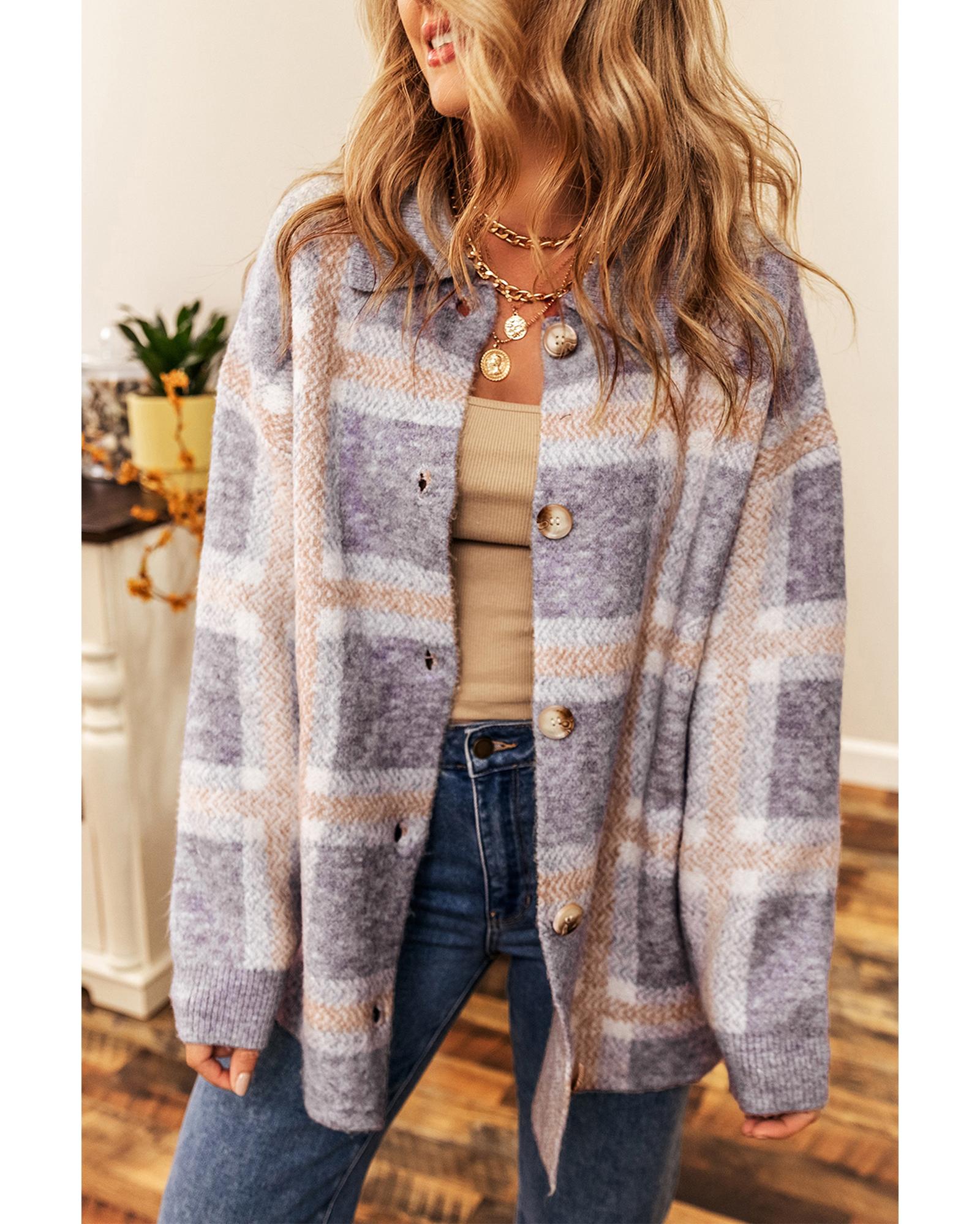 V539-AZEXDC2711397-P304-XL-202508280210-00 Sky Blue Fuzzy Plaid Collared Button Up Cardigan - XL - Image 1