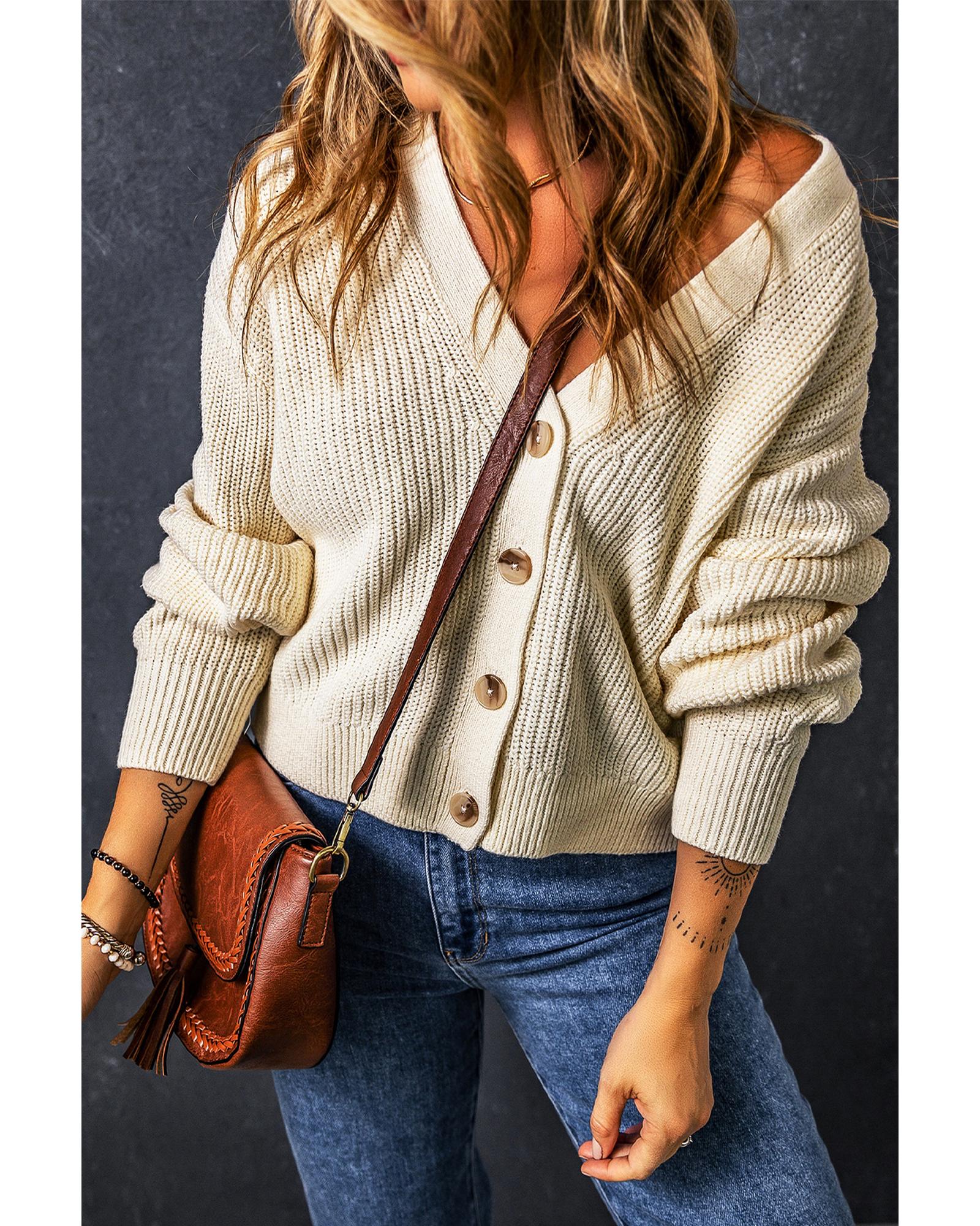 V539-AZEXDC2711399-P15-M-202508280515-00 Beige Plain Knitted Buttoned V Neck Cardigan - M - Image 1