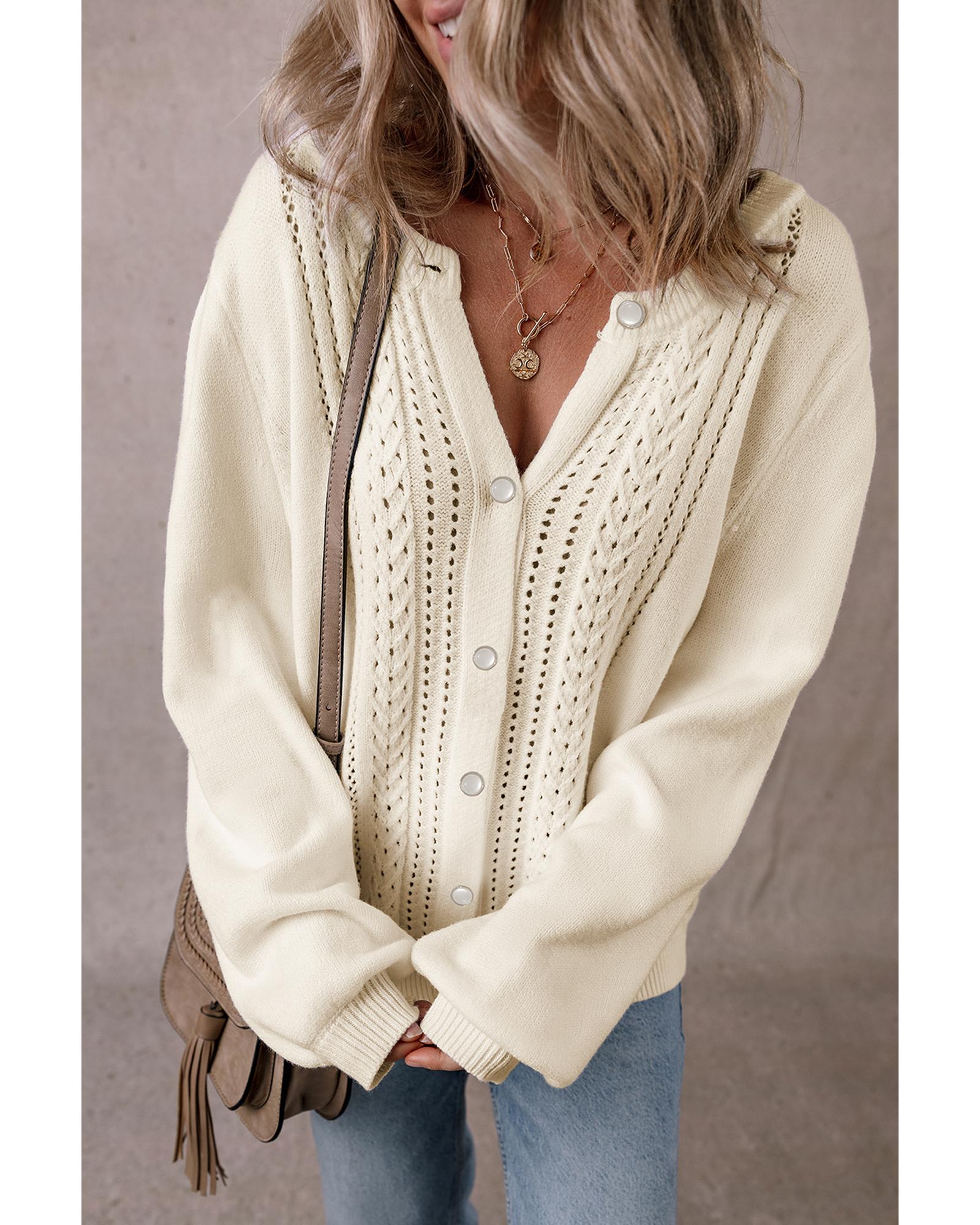 V539-AZEXDC2711476-P18-M-202508281050-00 Apricot Pleated Sleeve Hollow Detail Button Sweater Cardigan - M - Image 1