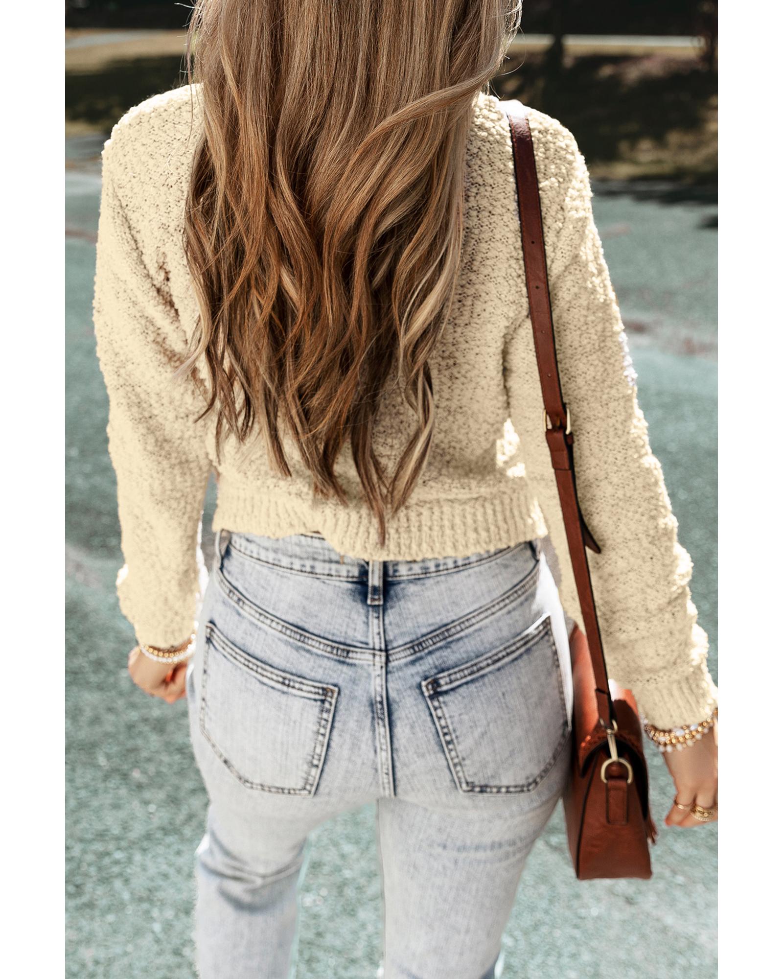 V539-AZEXDC2711576-P1015-S-202508291335-00 Oatmeal Pearl Buttons Popcorn Textured Sweater Cardigan - S - Image 1