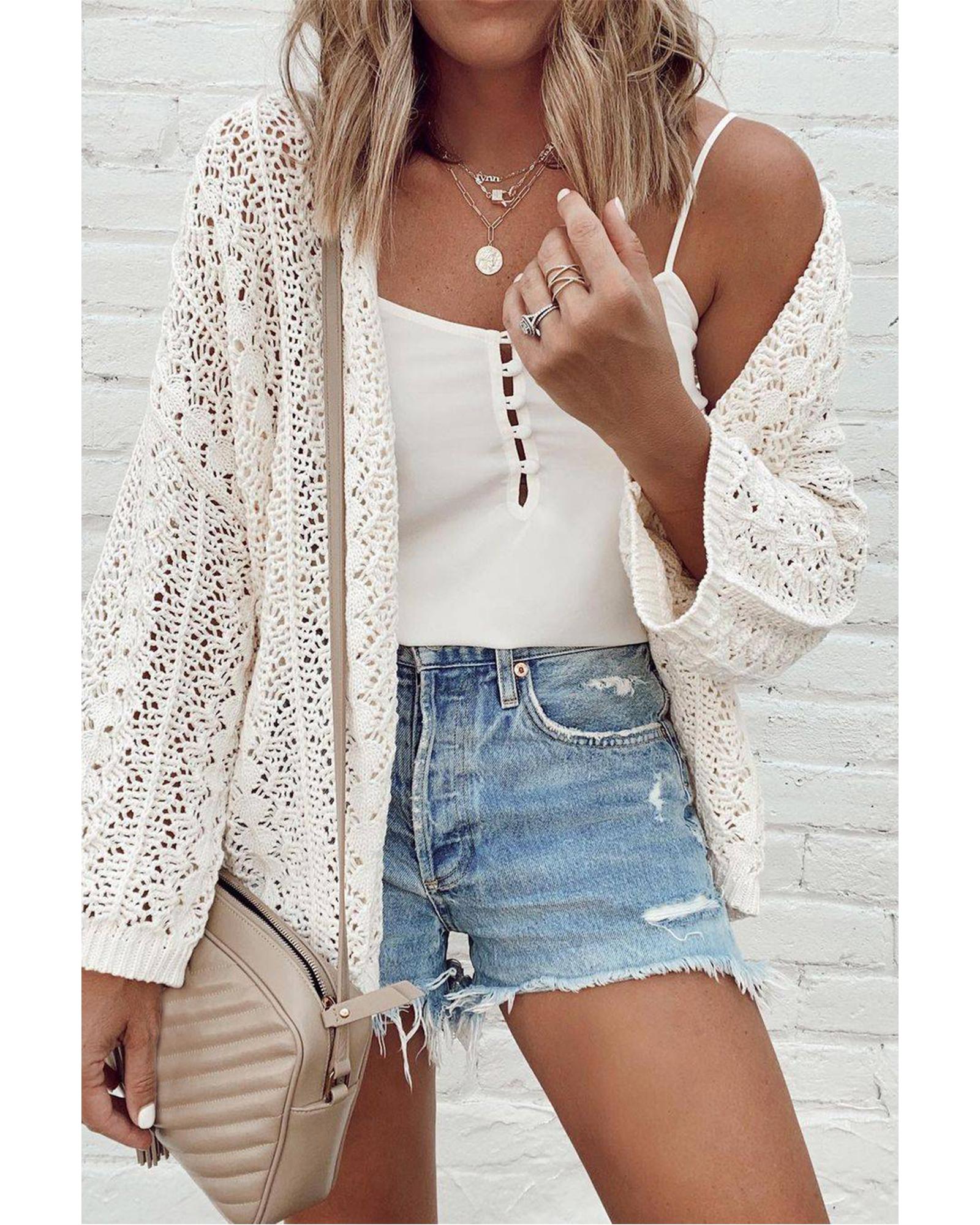 V539-AZEXDC2711622-P1-L-202508300500-00 White Stylish Hollow Out Knit Drop Shoulder Cardigan - L - Image 1
