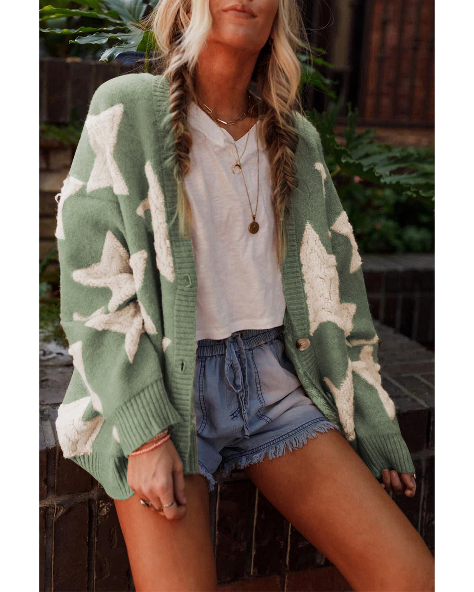 V539-AZEXDC2711634-P922-XL-202508290040-00 Green Sherpa Star Pattern Textured Sweater Cardigan with Pockets - XL - Image 1