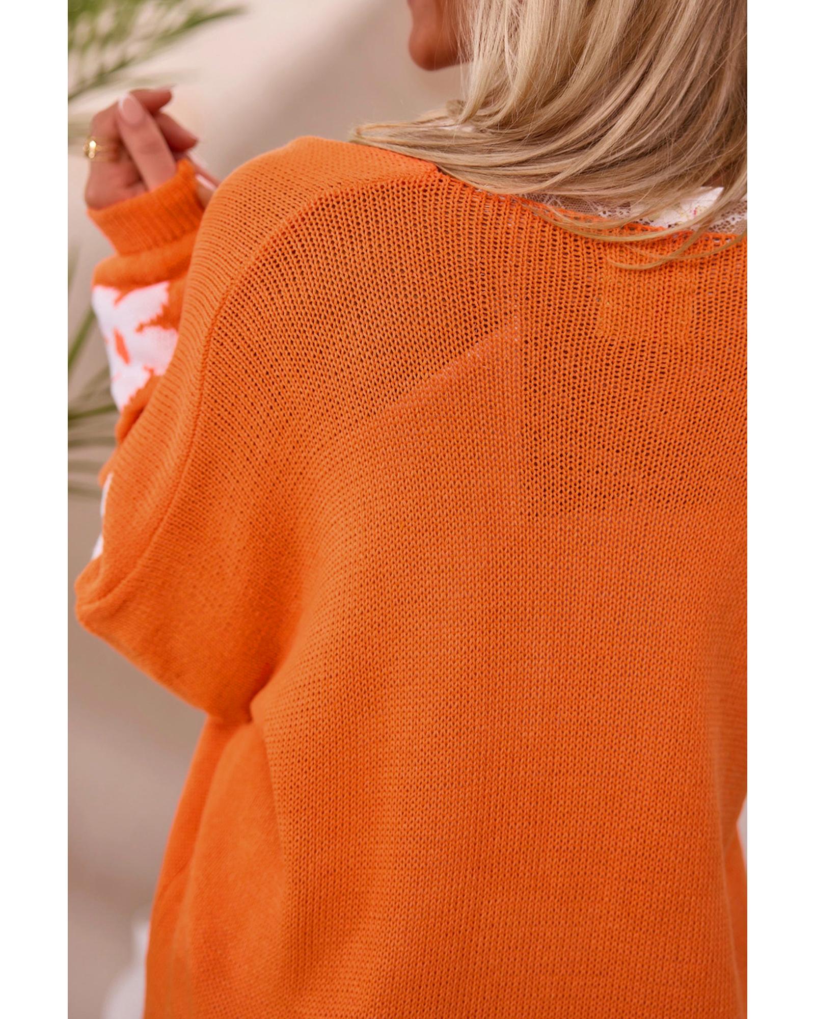 V539-AZEXDC2711718-P14-XL-202508300155-00 Orange Floral Print Knitted Open Front Loose Cardigan - XL - Image 1