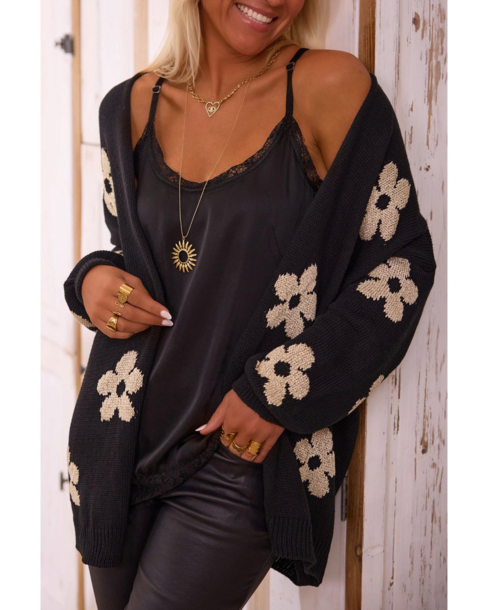 V539-AZEXDC2711718-P2-XL-202508300650-00 Black Floral Print Knitted Open Front Loose Cardigan - XL - Image 1