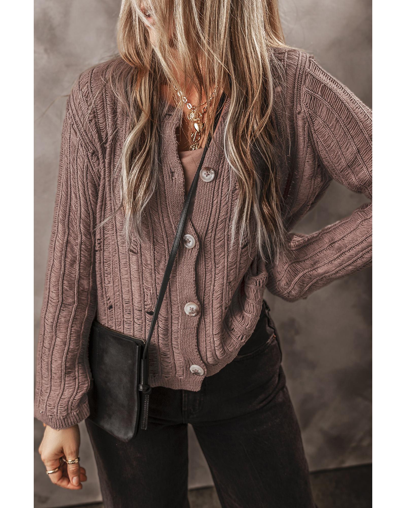 V539-AZEXDC2711764-P1217-M-202508282205-00 Goat Cut Out Textured Knit Buttoned Cardigan - M - Image 1
