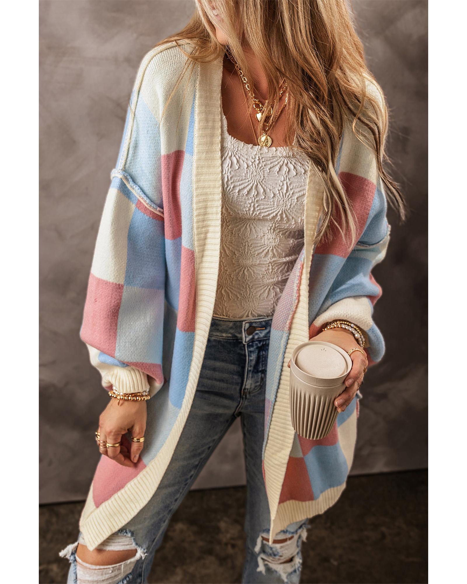 V539-AZEXDC2711769-P422-M-202508291305-00 Light Blue Checkered Drop Shoulder Exposed Seam Open Front Cardigan - M - Image 1
