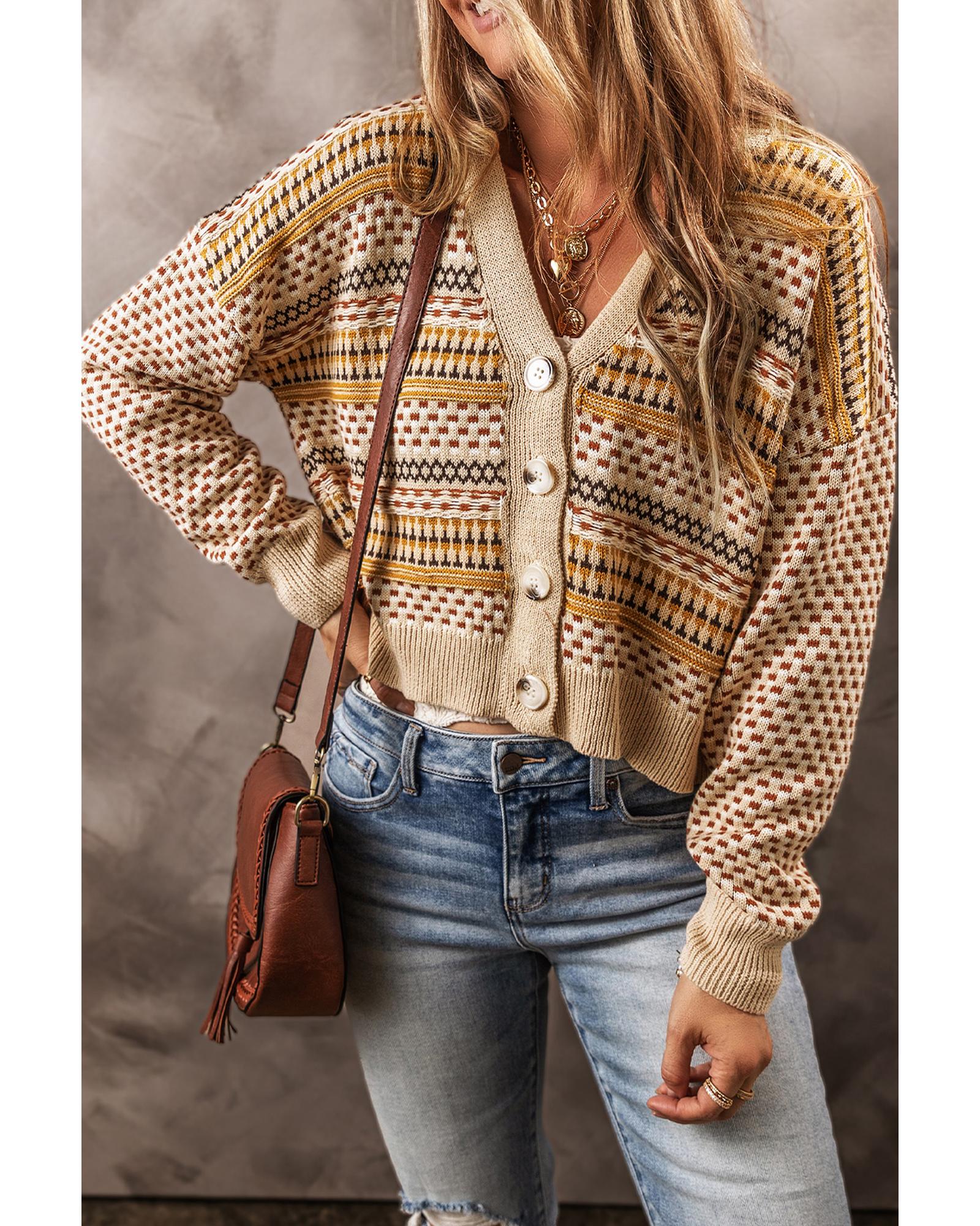 V539-AZEXDC2711770-P1622-L-202508291925-00 Khaki Buttoned V Neck Cropped Cardigan - L - Image 1