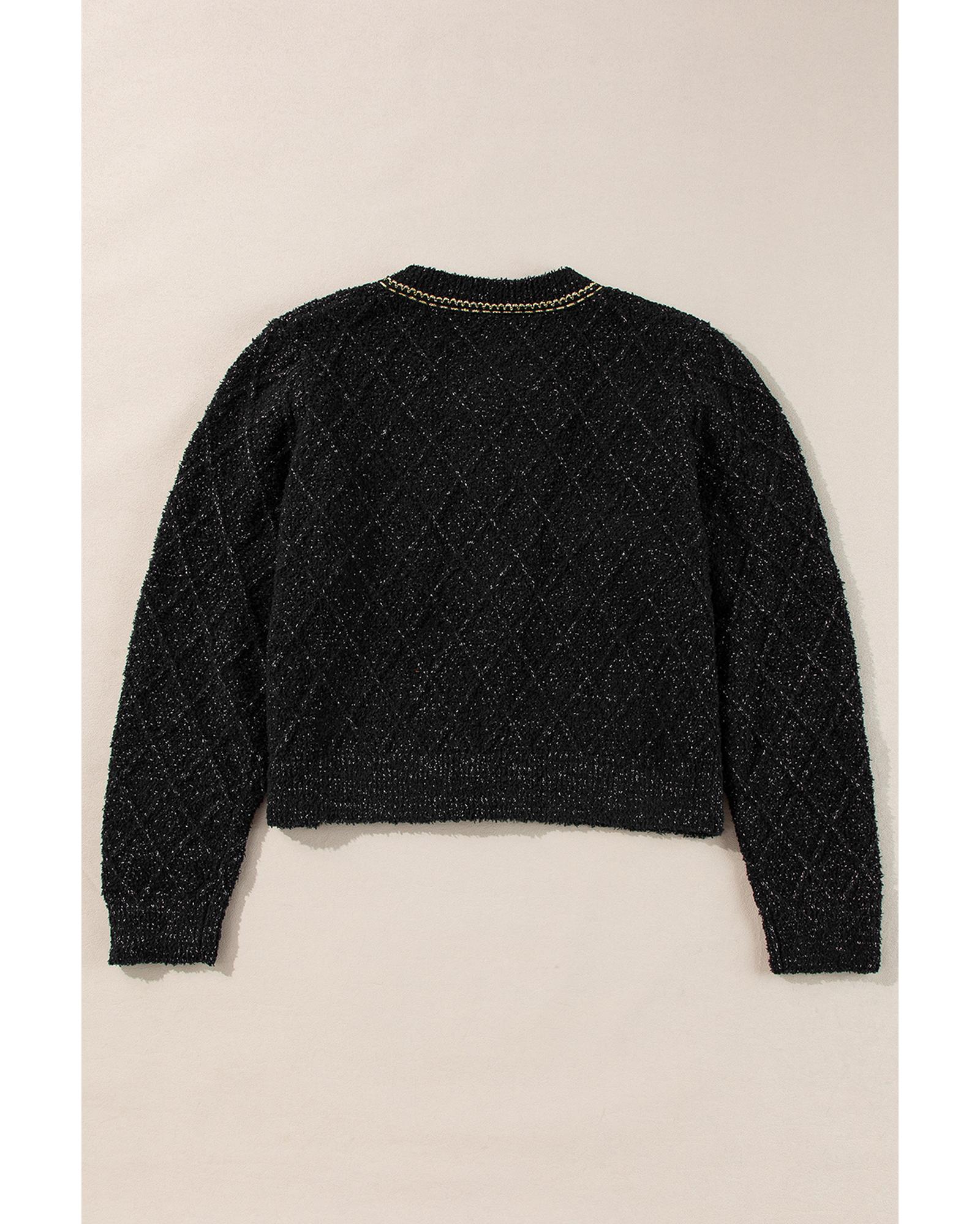 V539-AZEXDC2711781-P2-M-202508300305-00 Black Shimmer Flap Pocket Button up Cardigan - M - Image 1