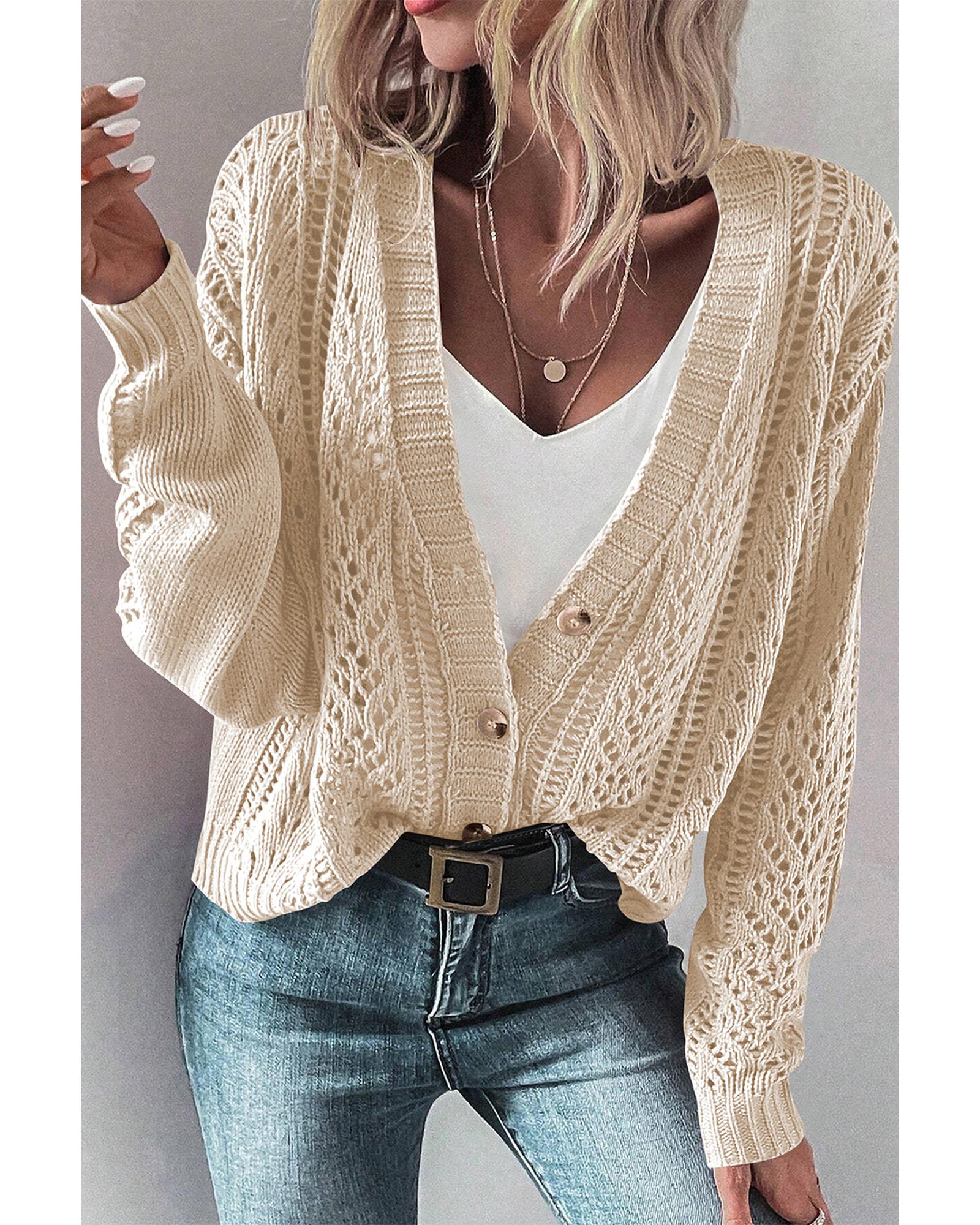 V539-AZEXDC2711785-P15-M-202508281050-00 Beige Open Knit Drop Shoulder Sweater Cardigan - M - Image 1