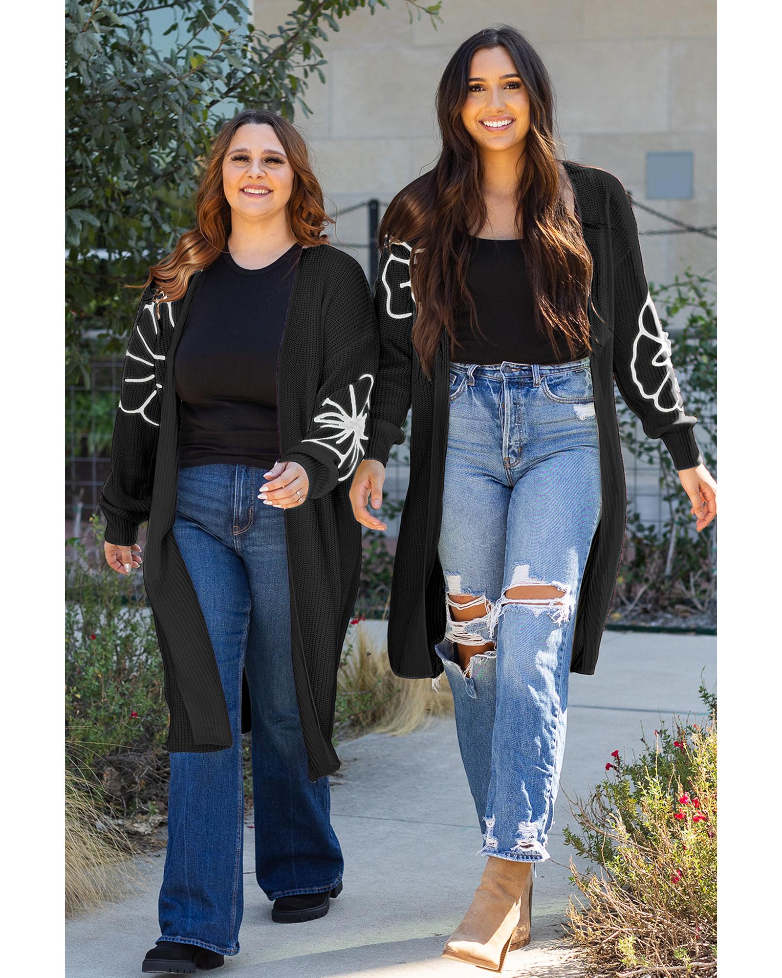 V539-AZEXDC2711808-P2-S-202506132145-00 Black Flower Embroidered Drop Shoulder Open Front Duster Cardigan - S - Image 1