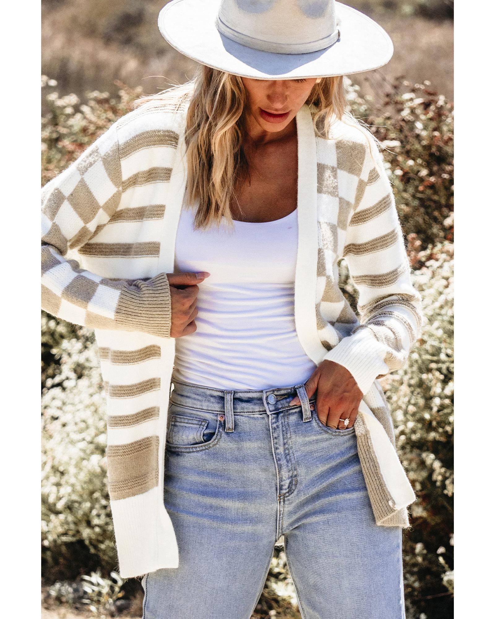 V539-AZEXDC2711838-P7016-XL-202508281250-00 Smoke Gray Gingham Striped Knitted Open Front Cardigan - XL - Image 1