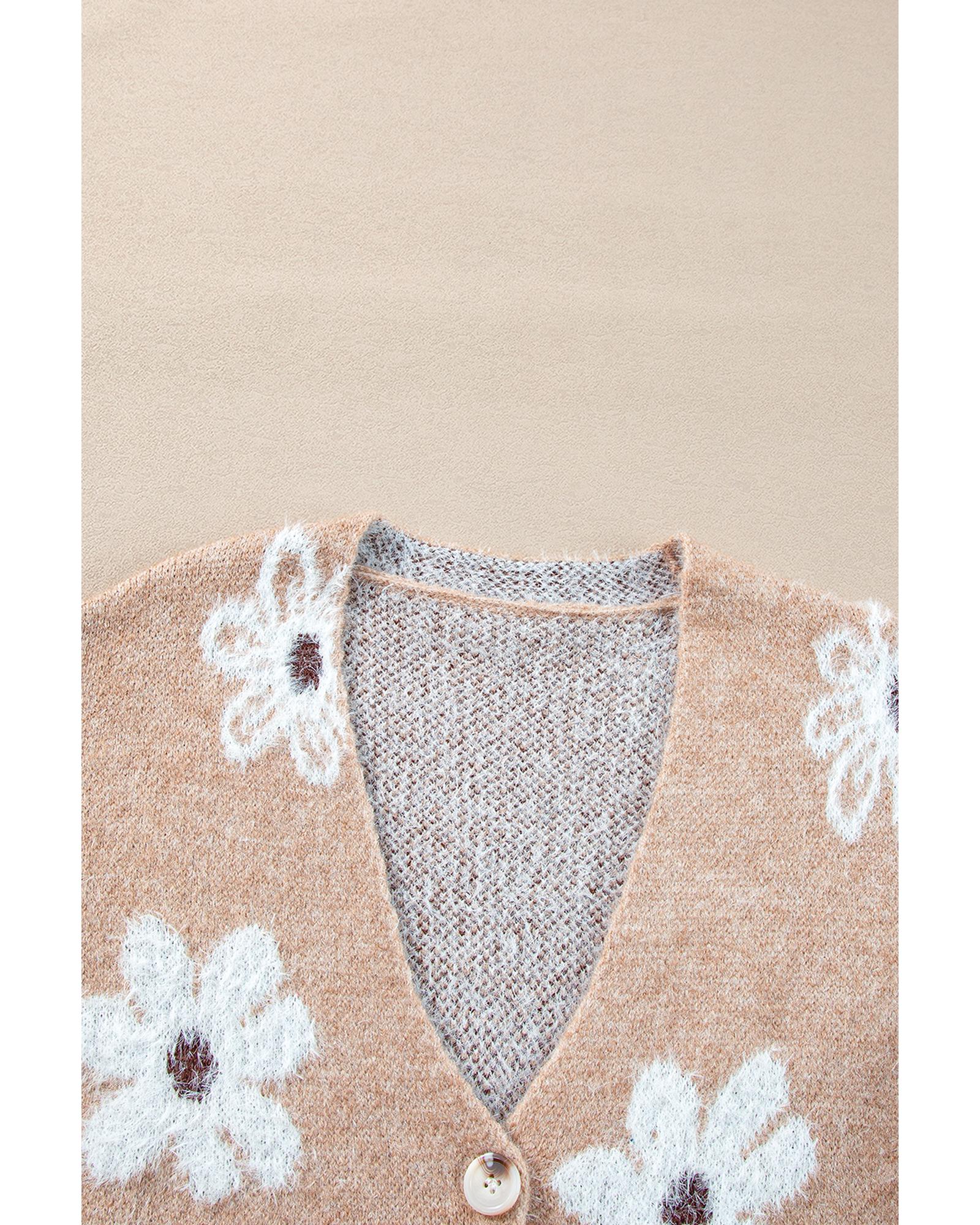 V539-AZEXDC2711869-P7016-XL-202508291840-00 Smoke Gray Floral Print V Neck Knitted Button up Cardigan - XL - Image 1