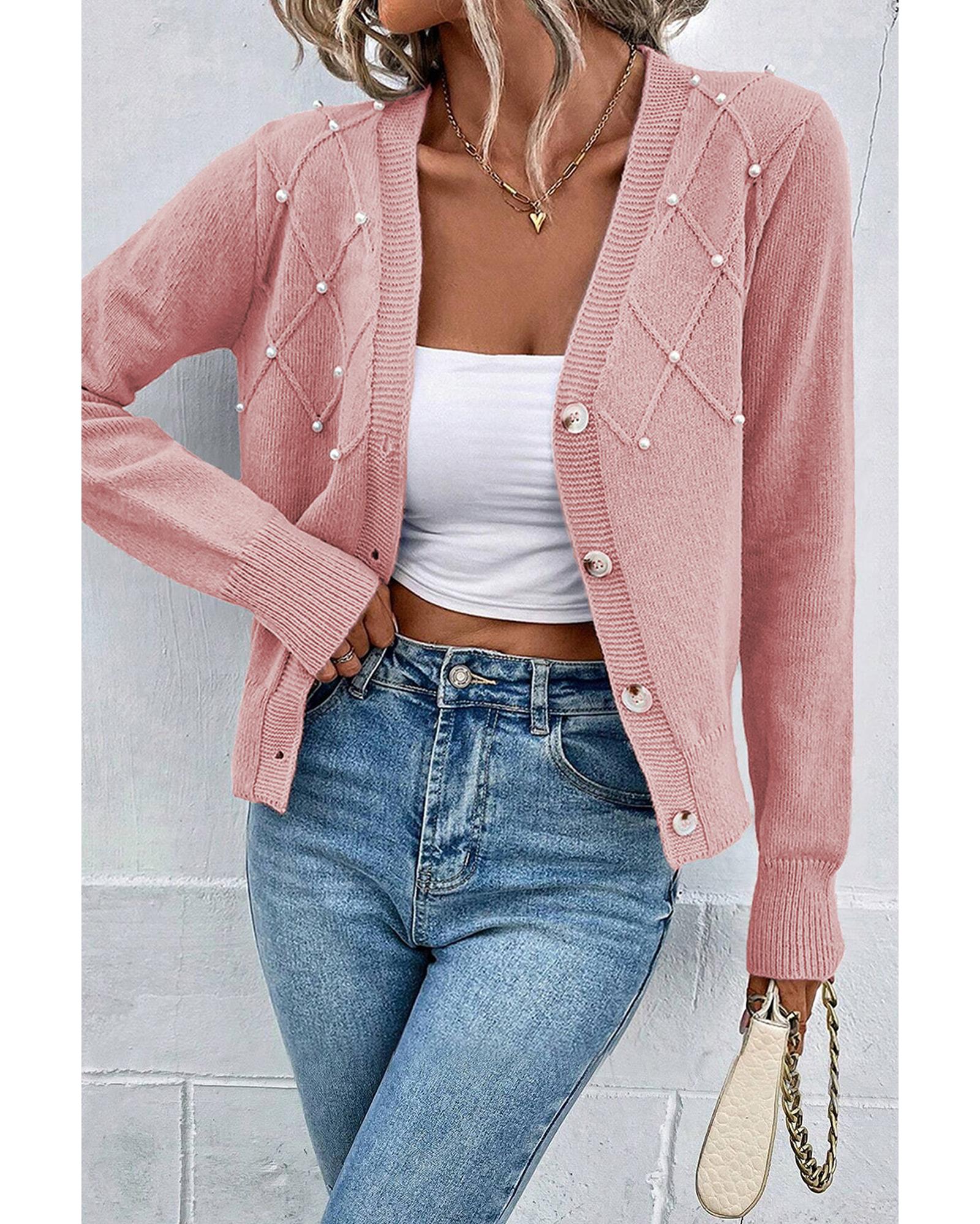V539-AZEXDC2711890-P1310-S-202506131806-00 Sepia Rose Textured Knit Pearl Beaded Button Up Cardigan - S - Image 1