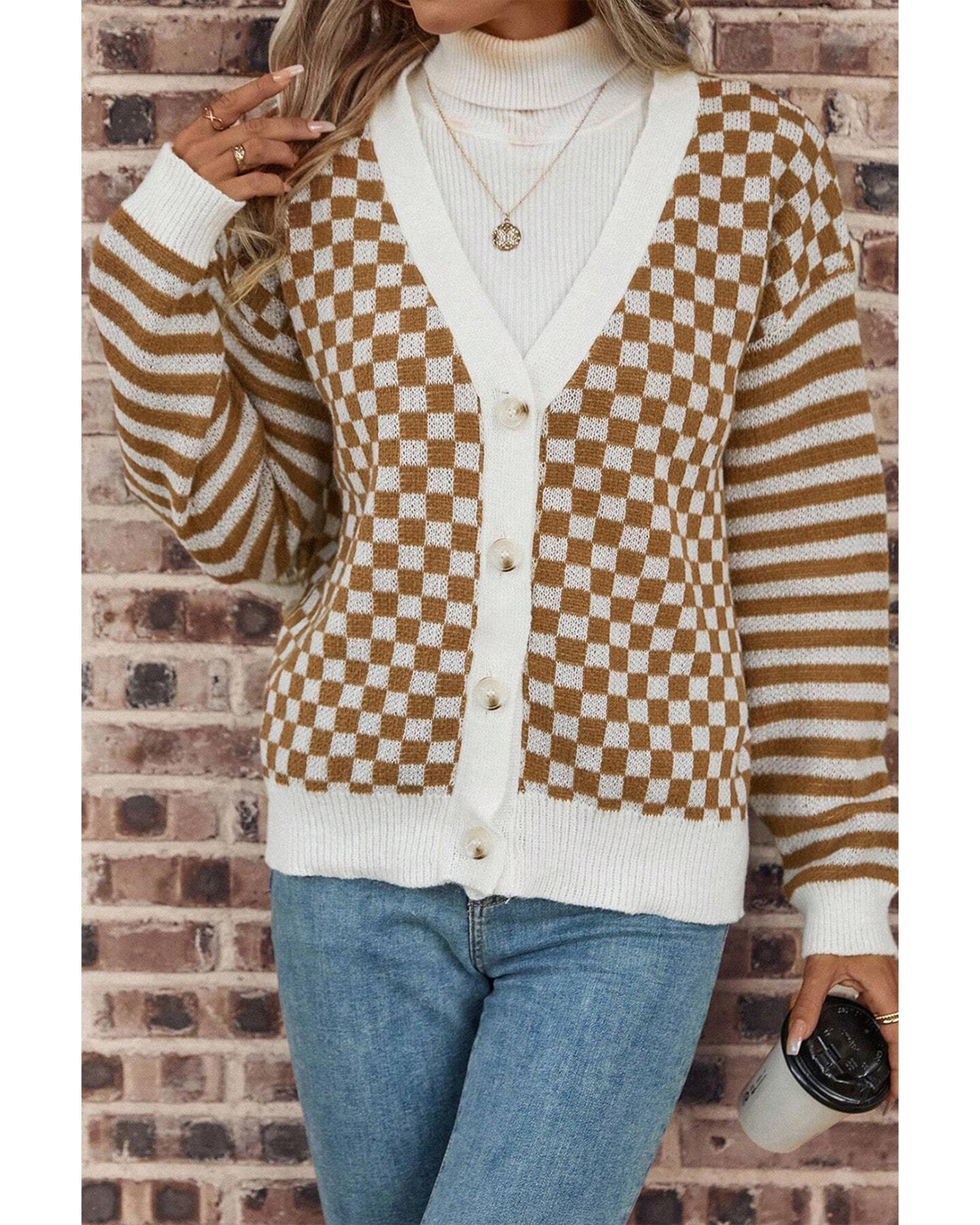 V539-AZEXDC2711955-P1722-M-202508282340-00 Brown Checkered Striped Patched Buttoned V Neck Cardigan - M - Image 1