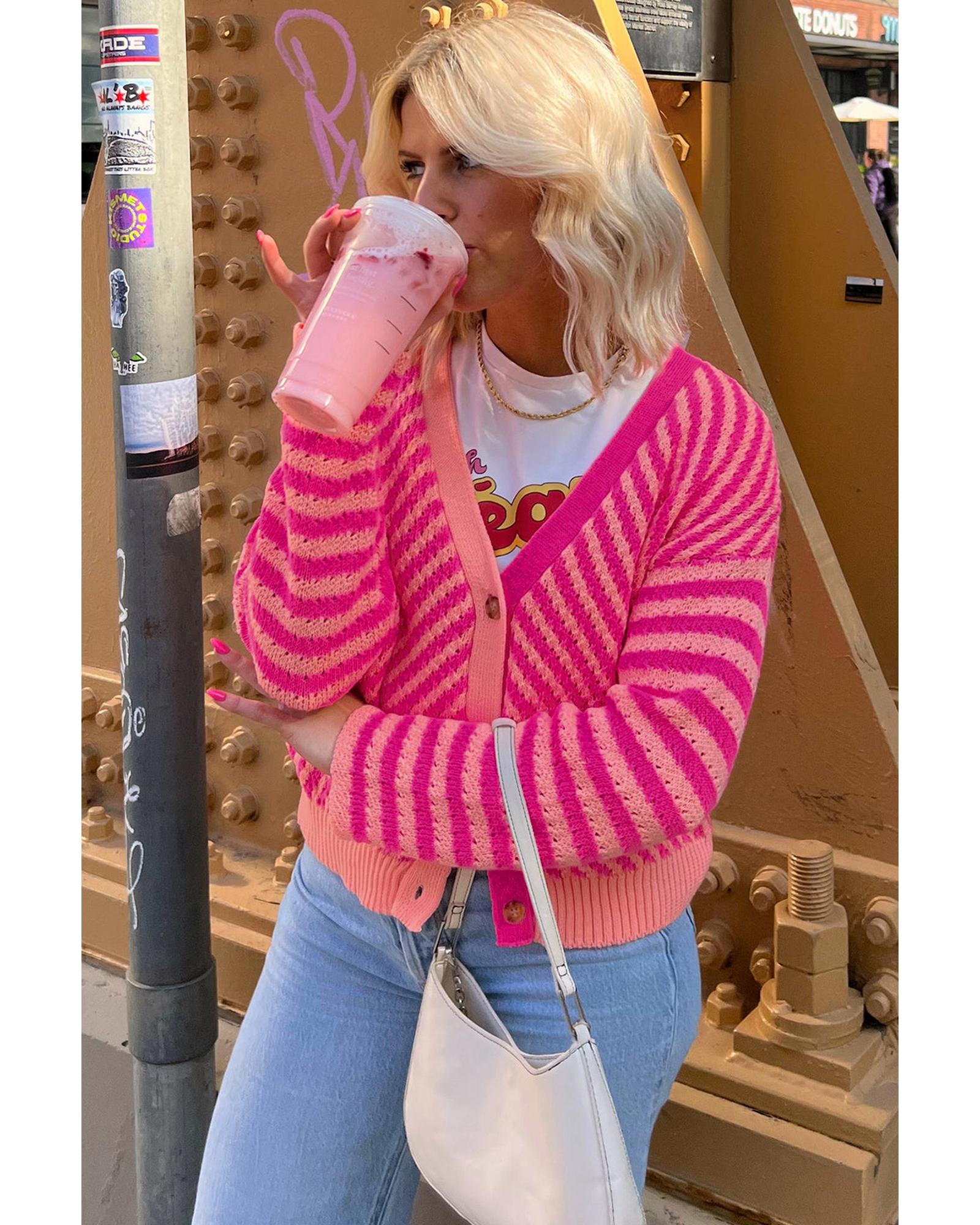 V539-AZEXDC2712003-P1022-L-202508281230-00 Pink Striped Buttoned V Neck Drop Shoulder Cardigan - L - Image 1